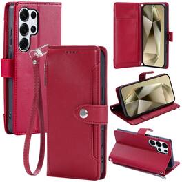 Dteck - Wallet Case for Samsung Galaxy S25 Ultra Crossbody Premium Leather Kickstand Zipper Card Slot Cover With Strap+Lanyard - Red