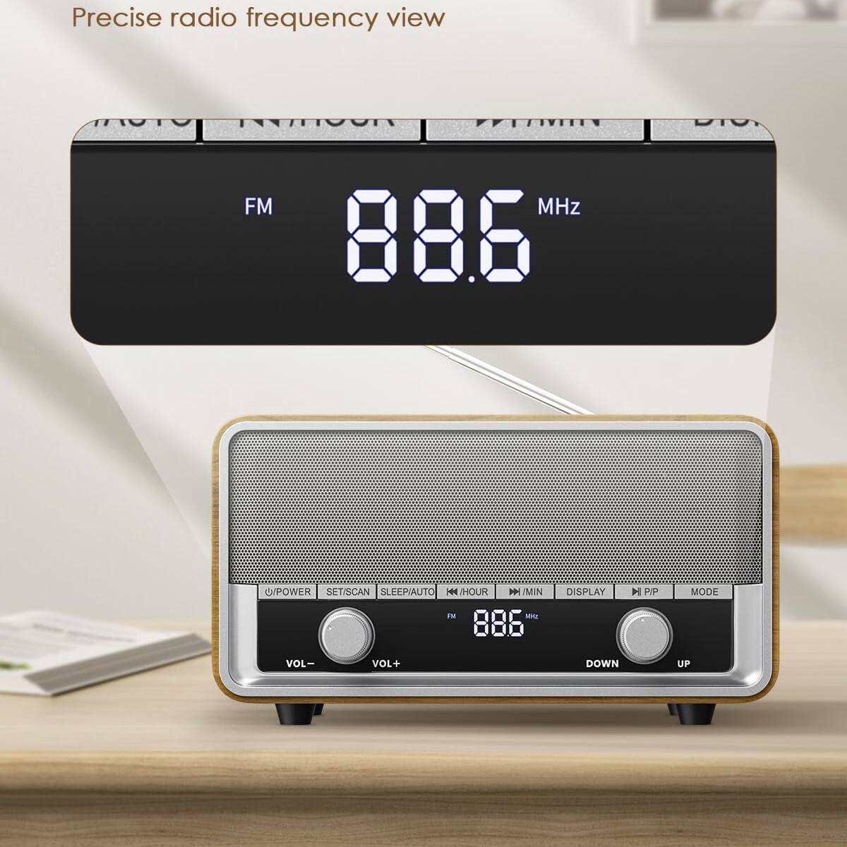 Precise radio frequency view

FM 88.6 MHz

POWER SET/SCAN SLEEP/AUTO

VOL- VOL+ DOWN UP

HOUR MIN DISPLAY M/P MODE