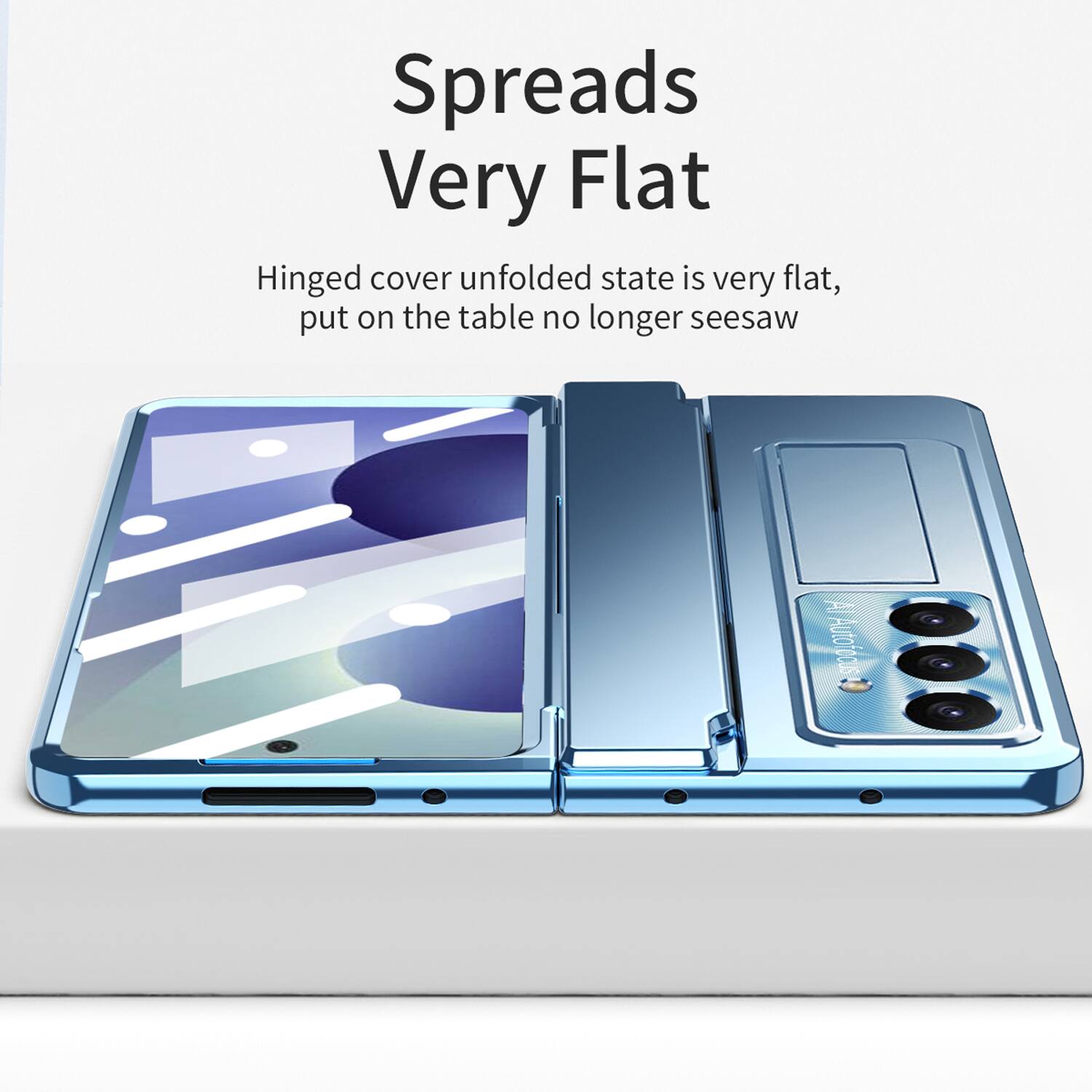 Spreads Very Flat

Hinged cover unfolded state is very flat, put on the table no longer seesaw