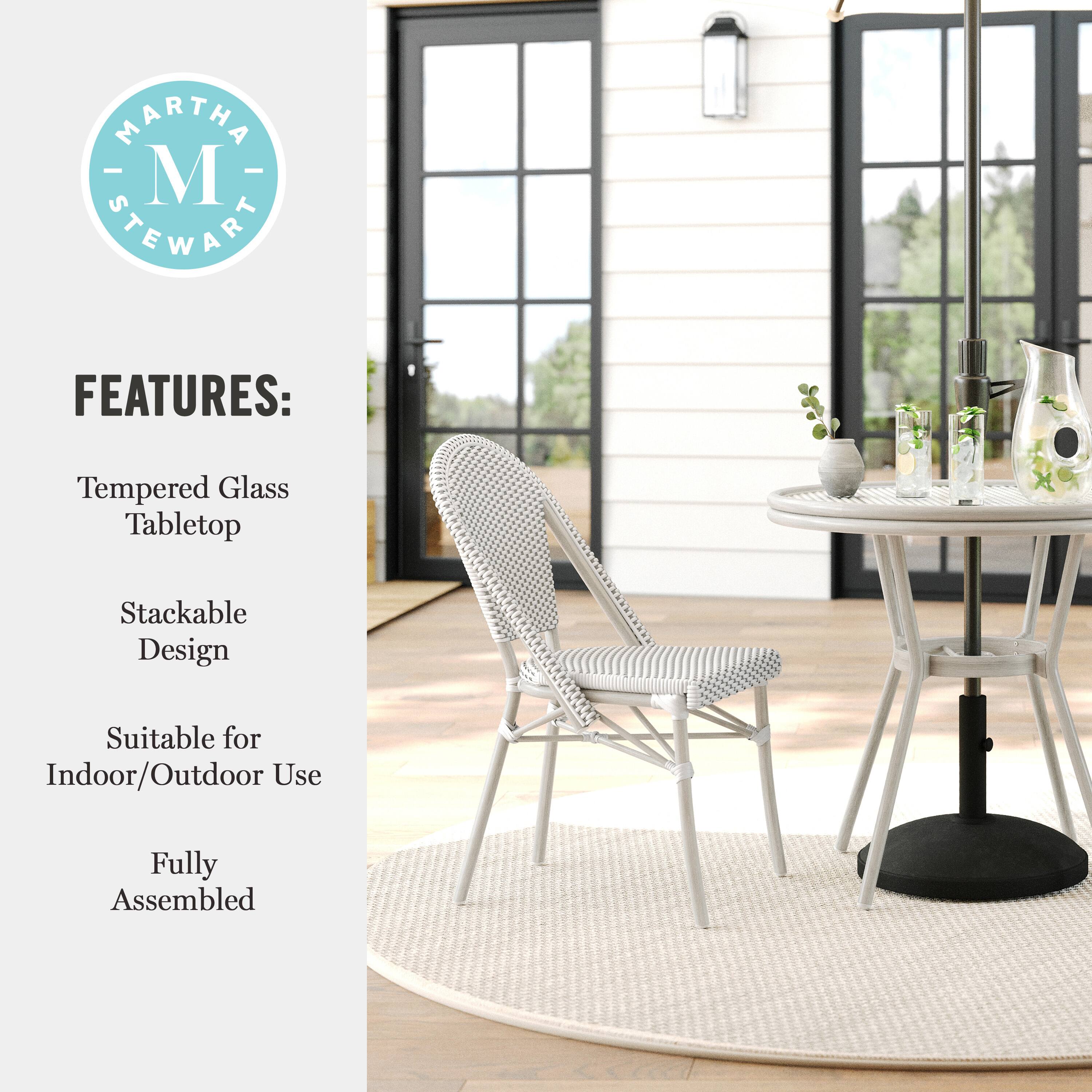 MARTHA STEWART FEATURES: Tempered Glass Tabletop Stackable Design Suitable for Indoor/Outdoor Use Fully Assembled