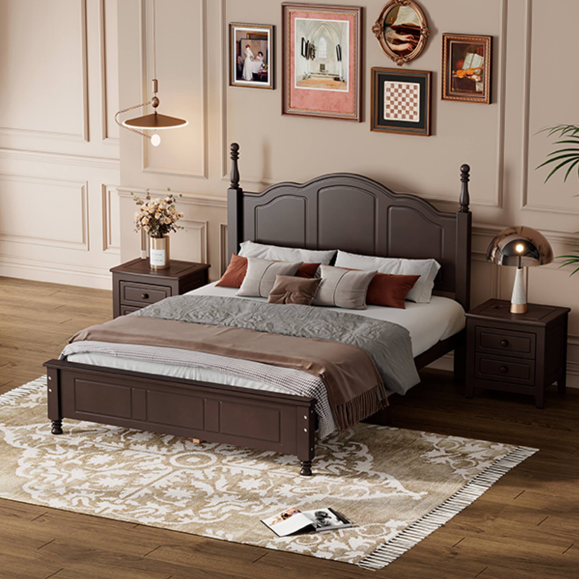 Alt View 5. GOODSILO - Full Size Wood Platform Bed Frame with Wooden Slat Support, Retro Style Headboard for Enhanced Bedroom Aesthetics - Walnut.