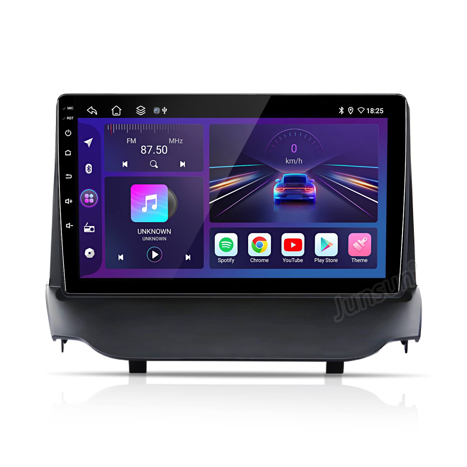 M 18:25 FM MHz 87.50 M I 0 km/h + d- UNKNOWN UNKNOWN Spotify Chrome YouTube Play Store Theme Junsun