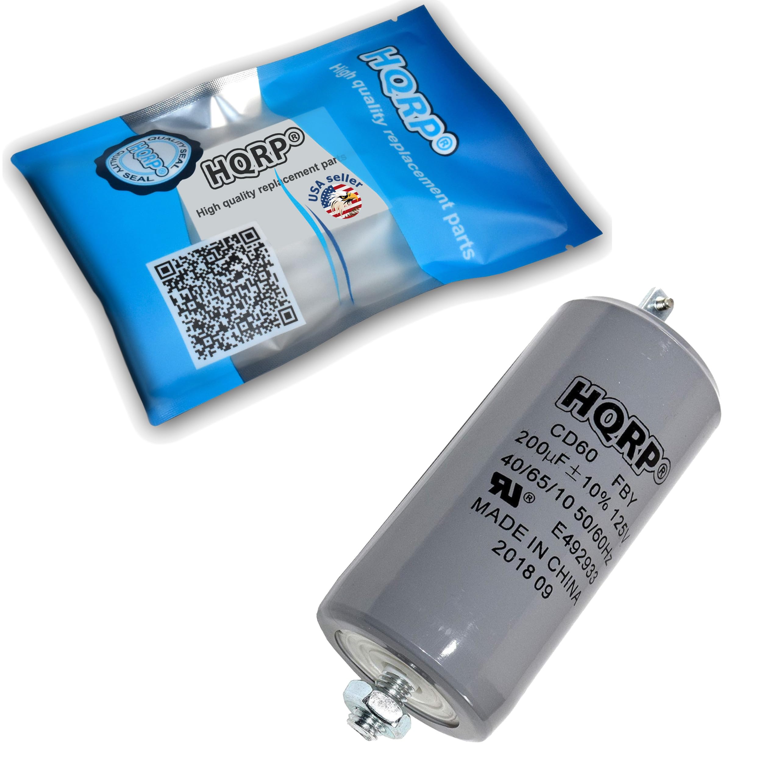 High quality replacement parts  
HQRPO  
SEAL  
USA seller  
CD60  
200uF ±10% 125V  
40/65/10 50/60Hz  
FBY  
E492933  
MADE IN CHINA  
2018 09  
HQRP  
High quality replacement parts  
USA seller