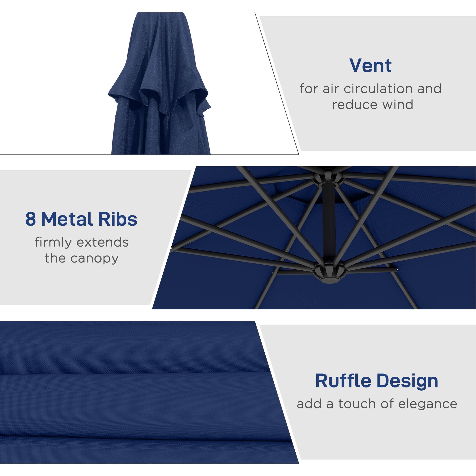 Vent for air circulation and reduce wind
8 Metal Ribs firmly extends the canopy
Ruffle Design add a touch of elegance