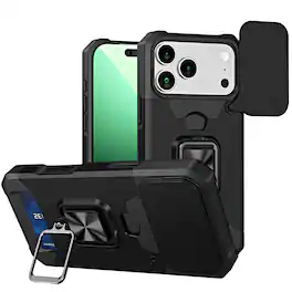 Dteck - Heavy Duty Rotating Camera Cover for Apple iPhone 18 Pro Max, Shockproof Magnetic Ring Kickstand Hidden Card Slot Cover - Black