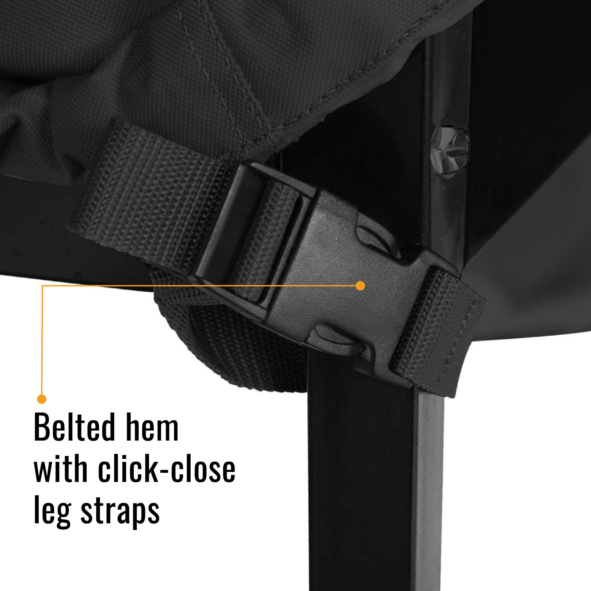 Belted hem with click-close leg straps