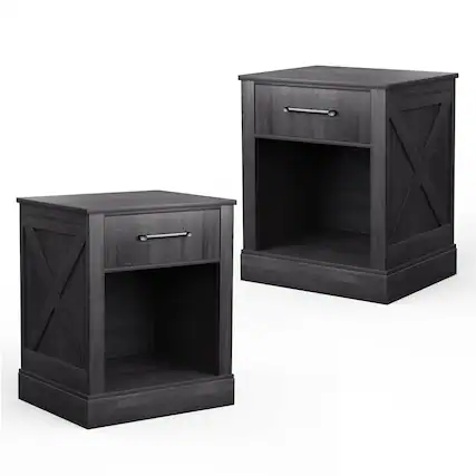 Front. Gymax - Gymax 2PCS Nightstand with Drawer and Shelf Rustic Wooden Bedside Table Bedroom Black - Black.