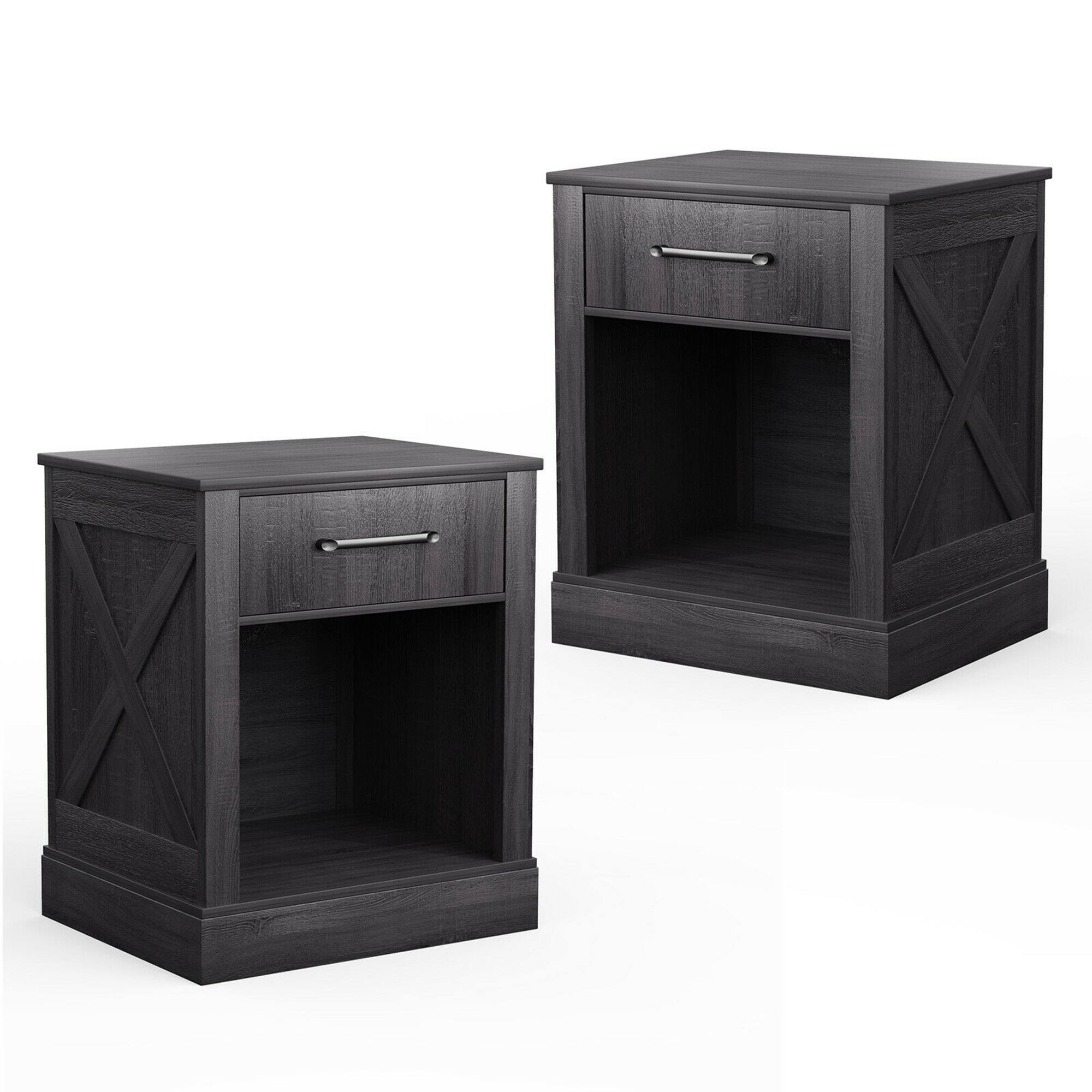Front. Gymax - Gymax 2PCS Nightstand with Drawer and Shelf Rustic Wooden Bedside Table Bedroom Black - Black.