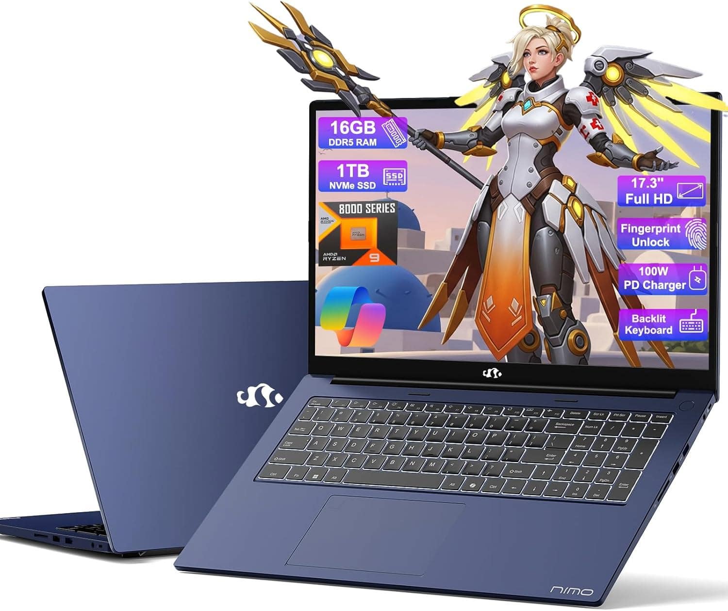 NIMO - 17.3 Gaming-Laptop AI Ryzen 9 8945HS 16GB RAM 1TB SSD USB-C 4.0 AI-Enhanced for Copilot VR Ready - Blue