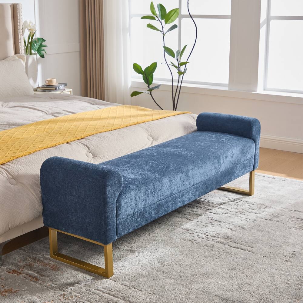 Alt View 4. Ropilly - Ropilly Blue Chenille End of Bed Bench Upholstered Bedroom Ottoman Bench with Gold Legs and Arms for Entryway - Blue.