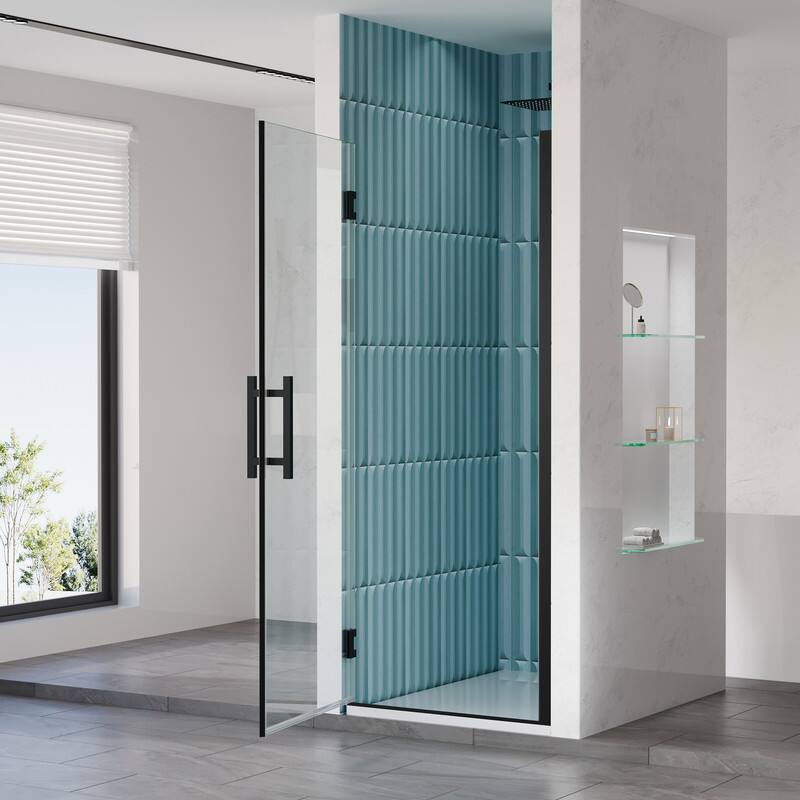 Left. WELLFOR - 30–31 in. W x 72 in. H Frameless Hinged Shower Door with 3/8" Clear Tempered Glass, Reversible Opening - Matte Black.
