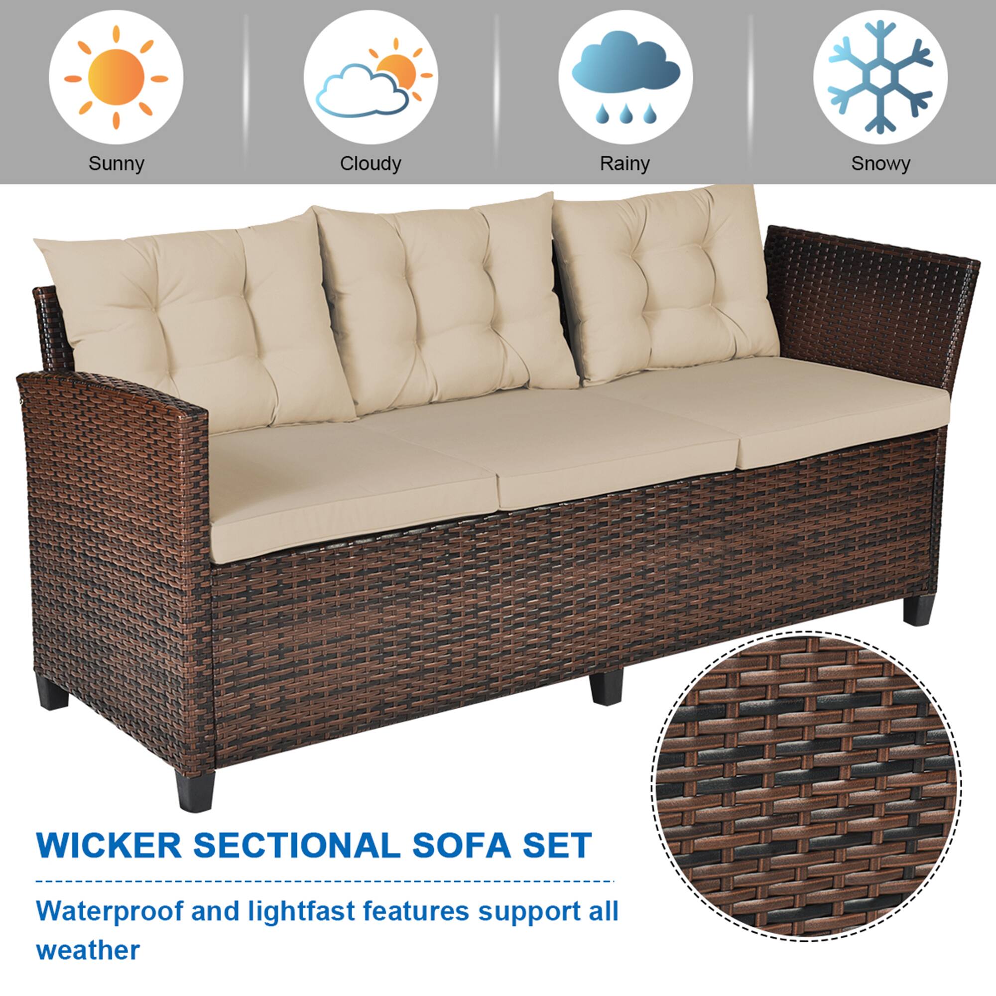 WICKER SECTIONAL SOFA SET, Sunny, Cloudy, Rainy, Snowy, Waterproof and lightfast features support all weather