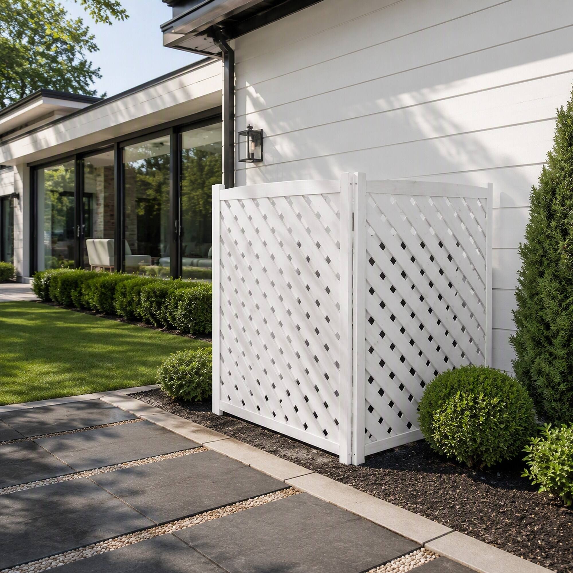 Angle. RYHNUYNE - 3 Panel Outdoor Privacy Fence Screen for Air Conditioner, Solid Wood Patio Enclosure, 32x38 Inches Each Panel - White.