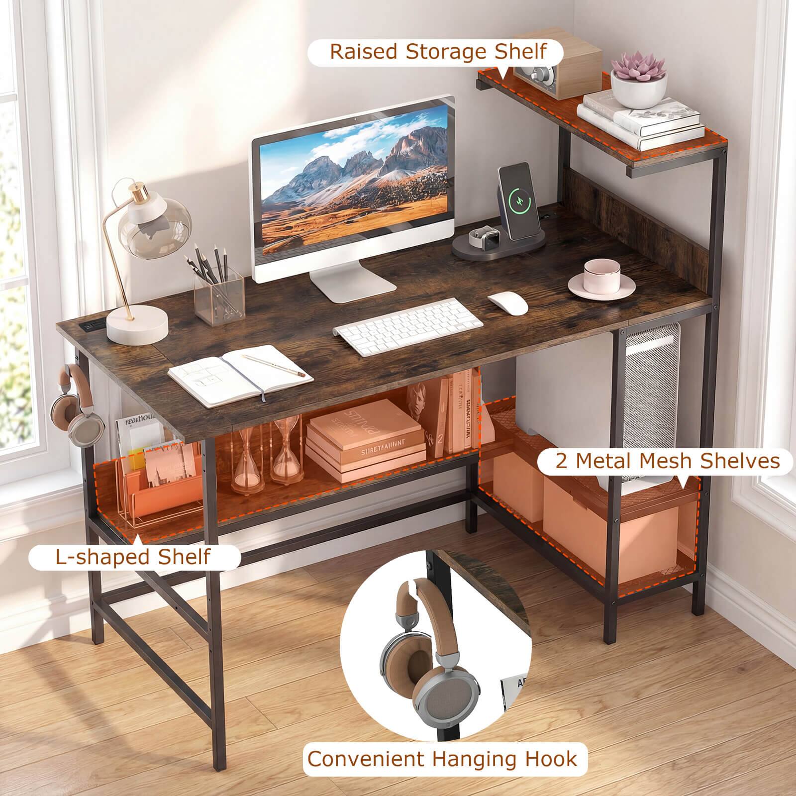 Raised Storage Shelf  
L-shaped Shelf  
2 Metal Mesh Shelves  
Convenient Hanging Hook