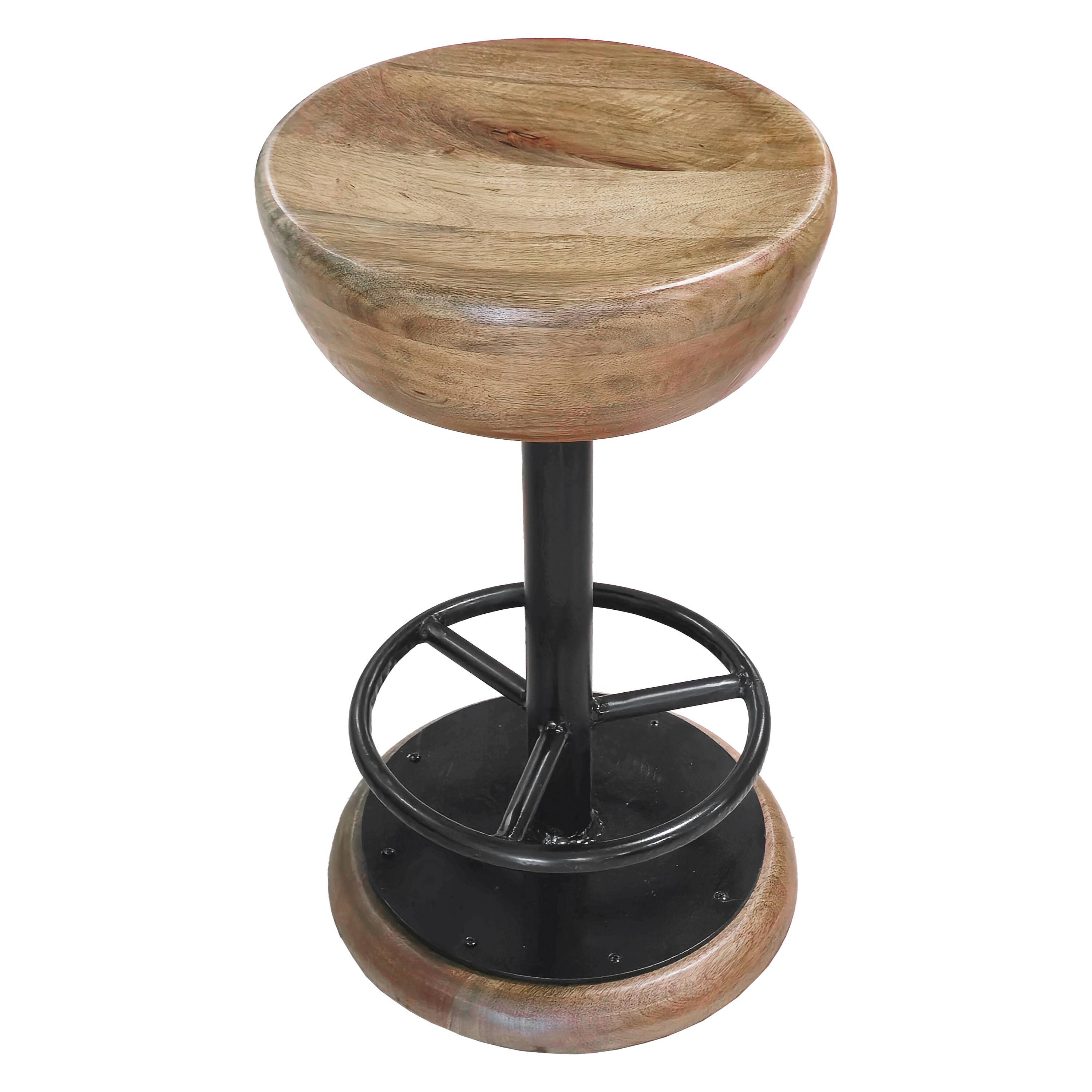 Front. Manhattan Lane - Rustic Charm Swivel Counter Bar Stool 24 Inch Handcrafted, Brown Mango Wood Round Seat, Black Iron Base with Footrest - Brown, Black.