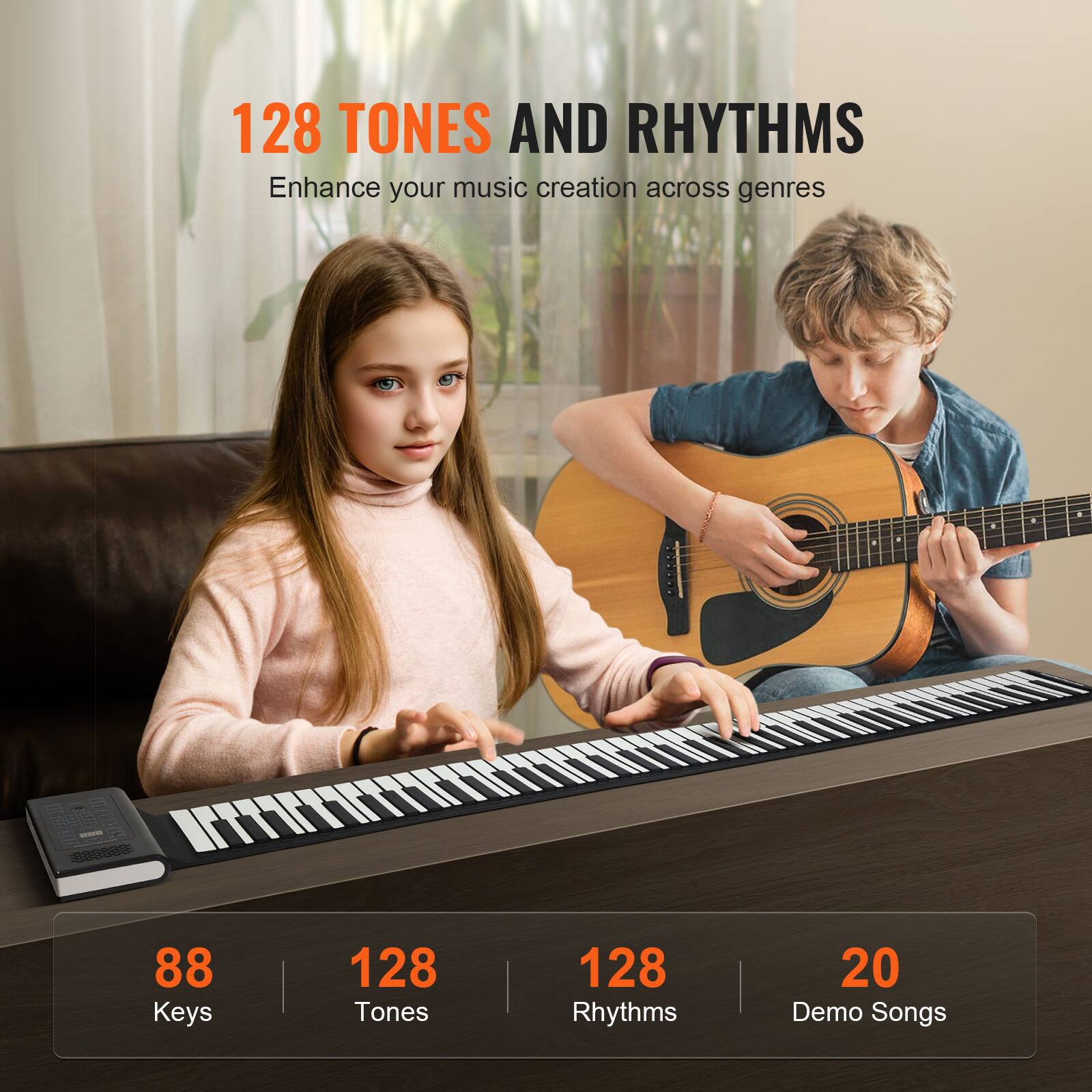 128 TONES AND RHYTHMS  
Enhance your music creation across genres  

88 Keys  
128 Tones  
128 Rhythms  
20 Demo Songs