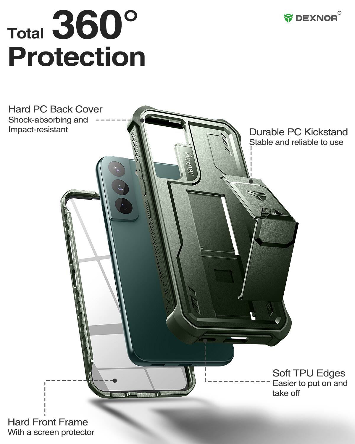 Total 360° Protection

- Hard PC Back Cover
  - Shock-absorbing and Impact-resistant

- Durable PC Kickstand
  - Stable and reliable to use

- Soft TPU Edges
  - Easier to put on and take off

- Hard Front Frame
  - With a screen protector