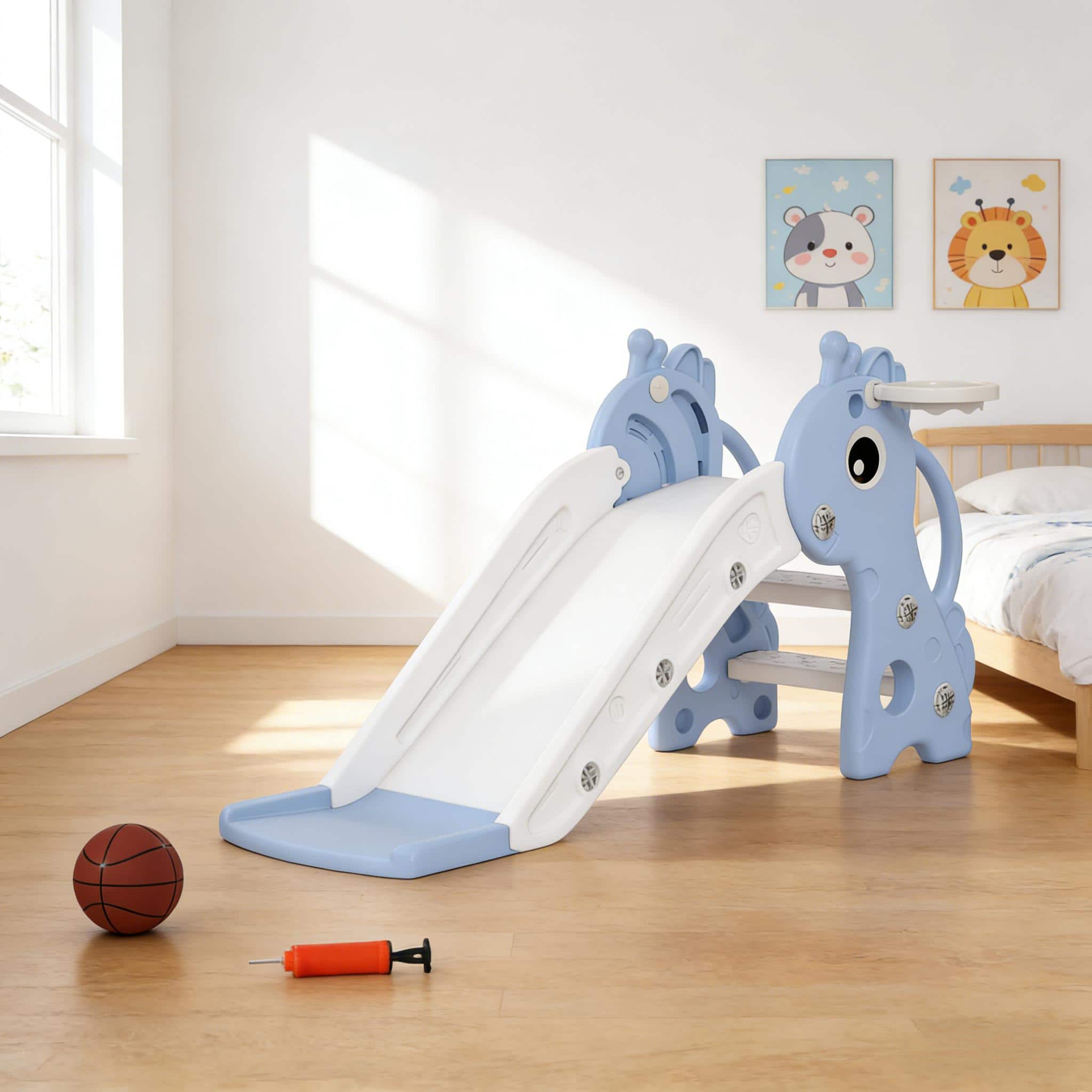 Siljoy - Giraffe Freestanding Toddler Slide, 3-in-1 with Basketball Hoop, for Ages 1-3, 66lb Load, Easy Assembly - Blue,White price history on PriceWatchPro