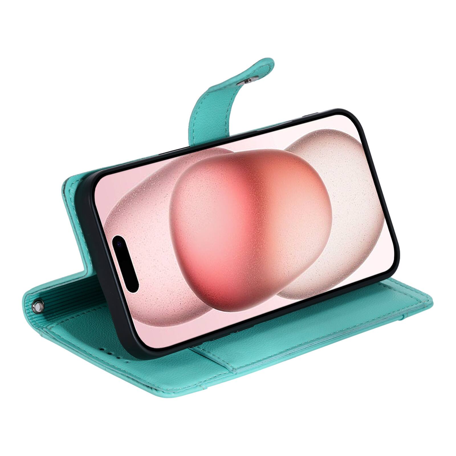 Alt View 4. Dteck - Wallet Case for Apple iPhone 16 Plus Crossbody Premium Leather Kickstand Zipper Card Slot Cover With Strap+Lanyard - Mint.