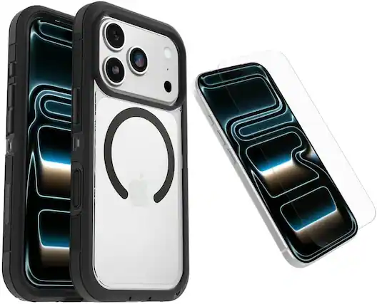 Front. OtterBox - OtterBox iPhone 17 Pro, Bundle: Defender Series XT Clear Case & Screen Protector - Snaps on MagSafe - Rugged & Durable - Dark Side (Clear/Black).