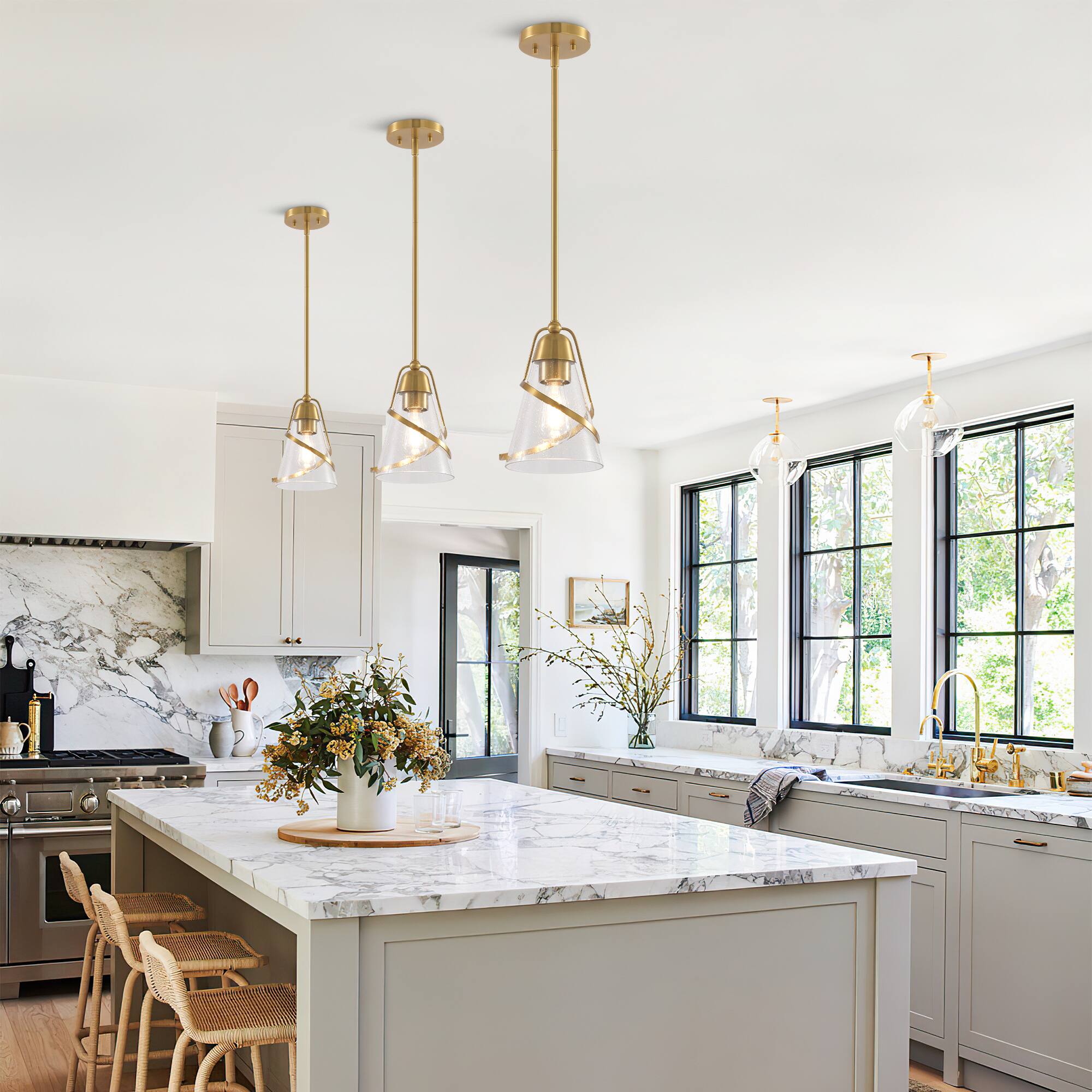 Left. Parrot Uncle - 7" Modern Gold Pendant Light with Seed Glass Shade - Gold.