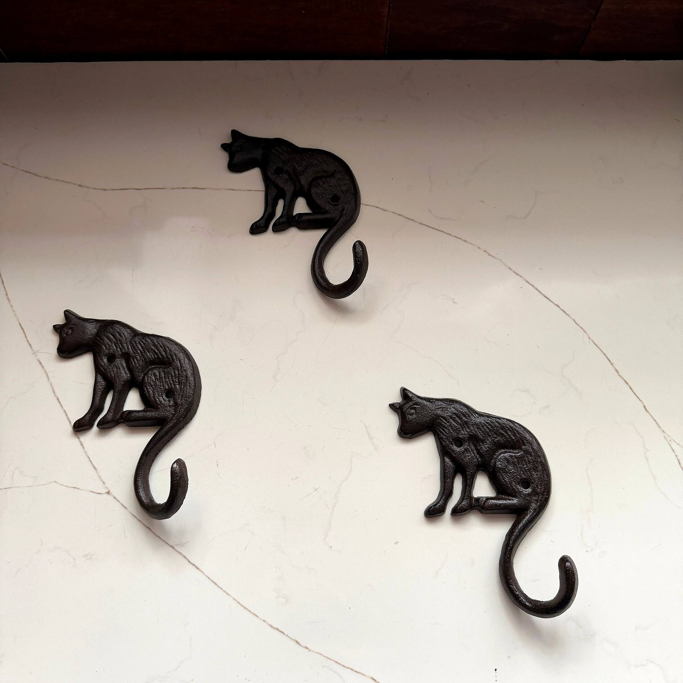 Alt View 3. Things2Die4 - Set of 3 Cast Iron Cat Wall Hooks Aged Brown Rustic 6.5 in Decorative - Brown.