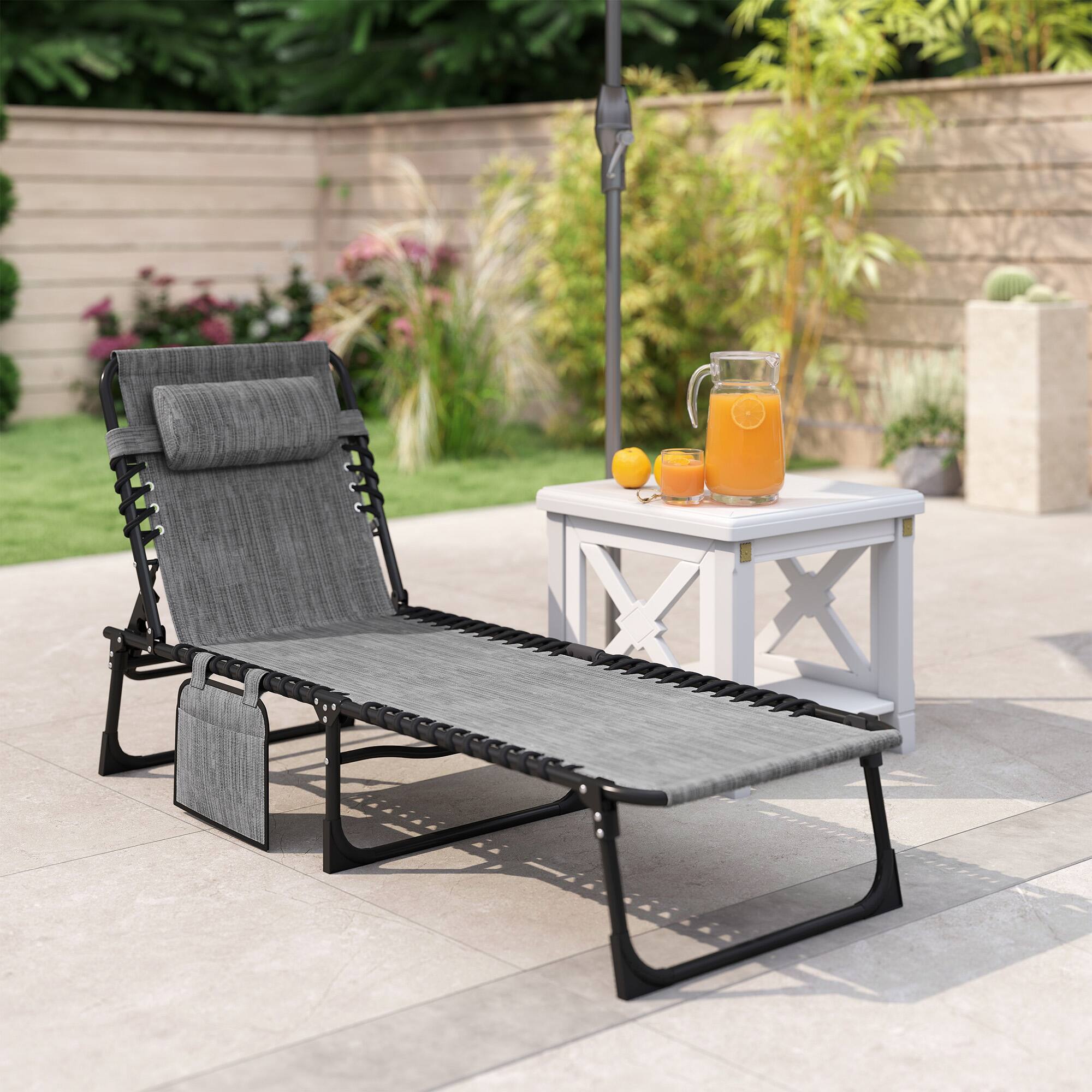 Alt View 8. Outsunny - Reclining Chaise Lounge Chair, Portable Sun Lounger, Folding Camping Cot with Adjustable Backrest and Removable Pillow - Grey.