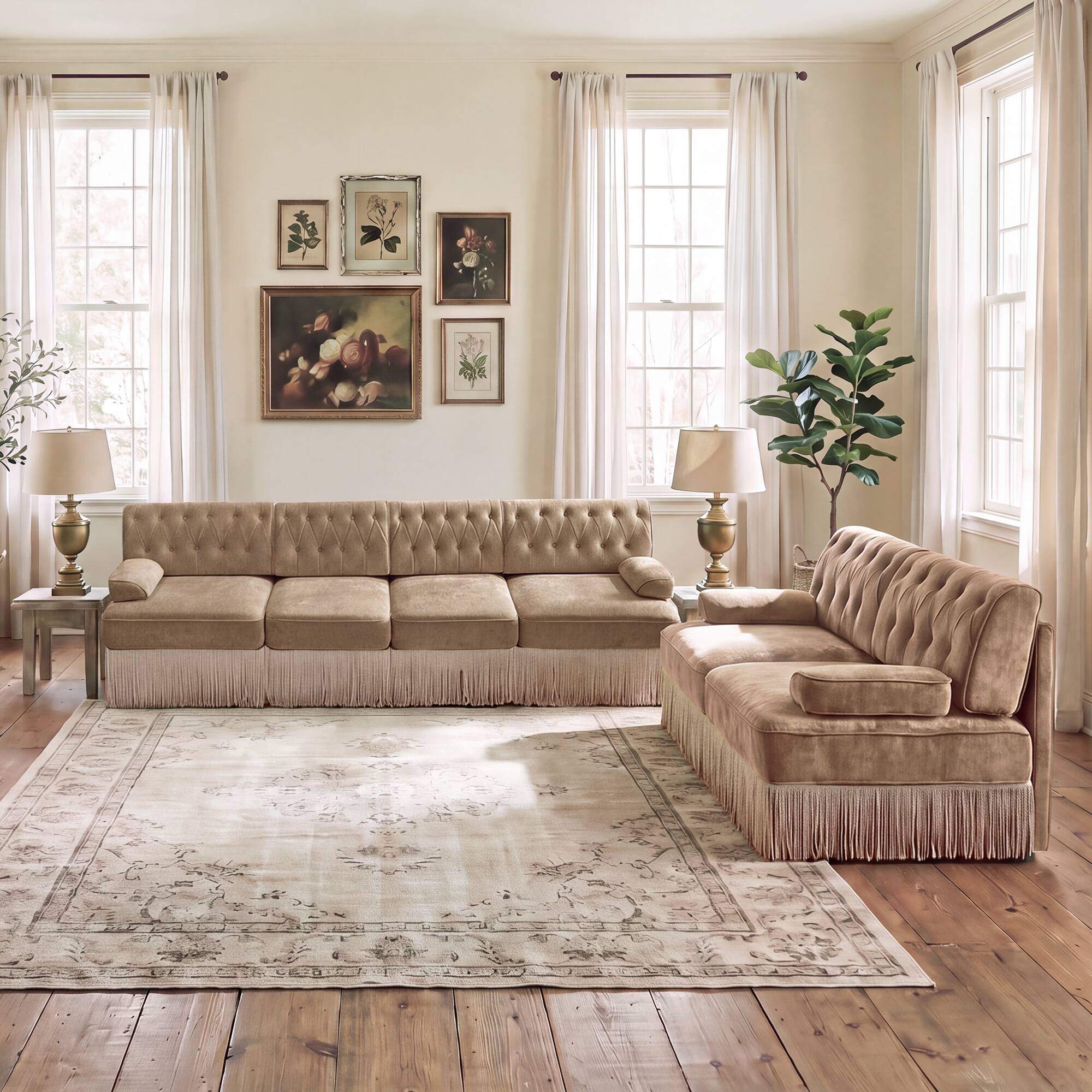 Angle. Anysun - Chesterfield Upholstered 2‑Piece Sofa Set, 1Pc 2-Seater & 1Pc 4-Seater Button-Tufted Velvet Couch with Tassel Skirt - Camel.