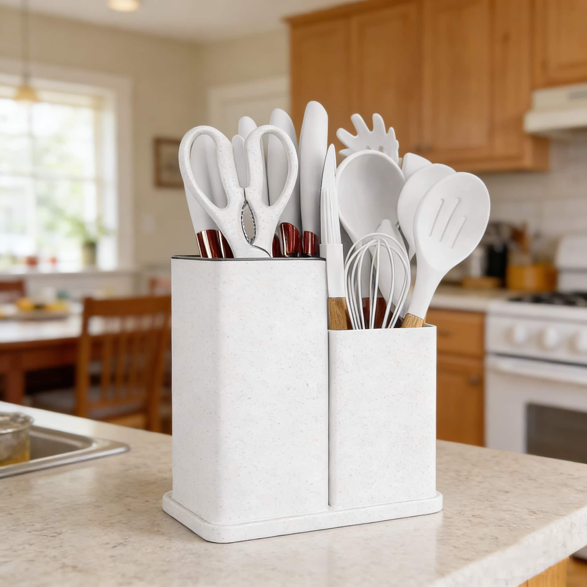 Malletson - 19-Piece Kitchen Cooking Utensils and Knife Set for Non Stick Cookware, Great Gift for Mom - White