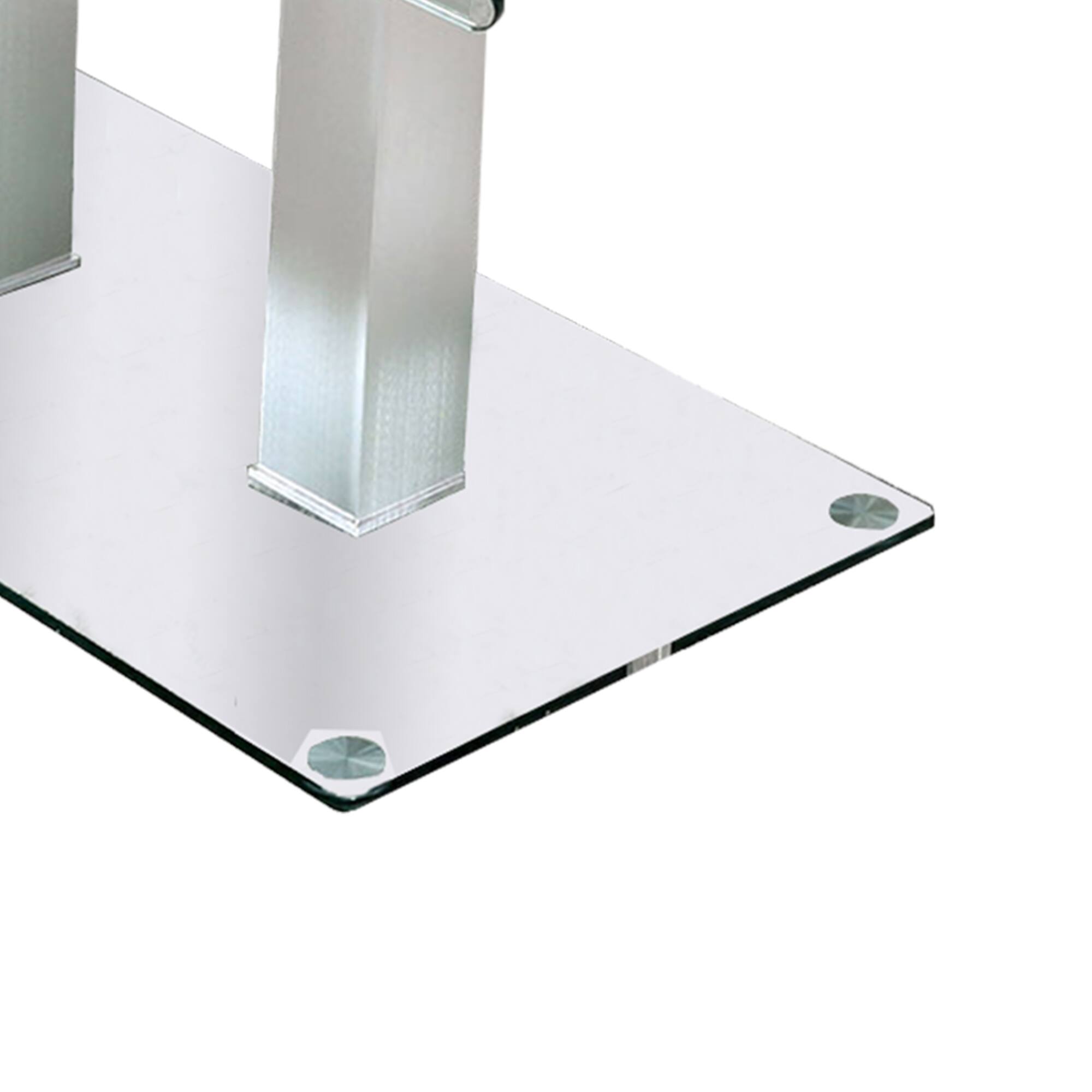 Alt View 2. Manhattan Lane - Metal and Glass Dining table with Dual Post Pedestal base - Chrome.