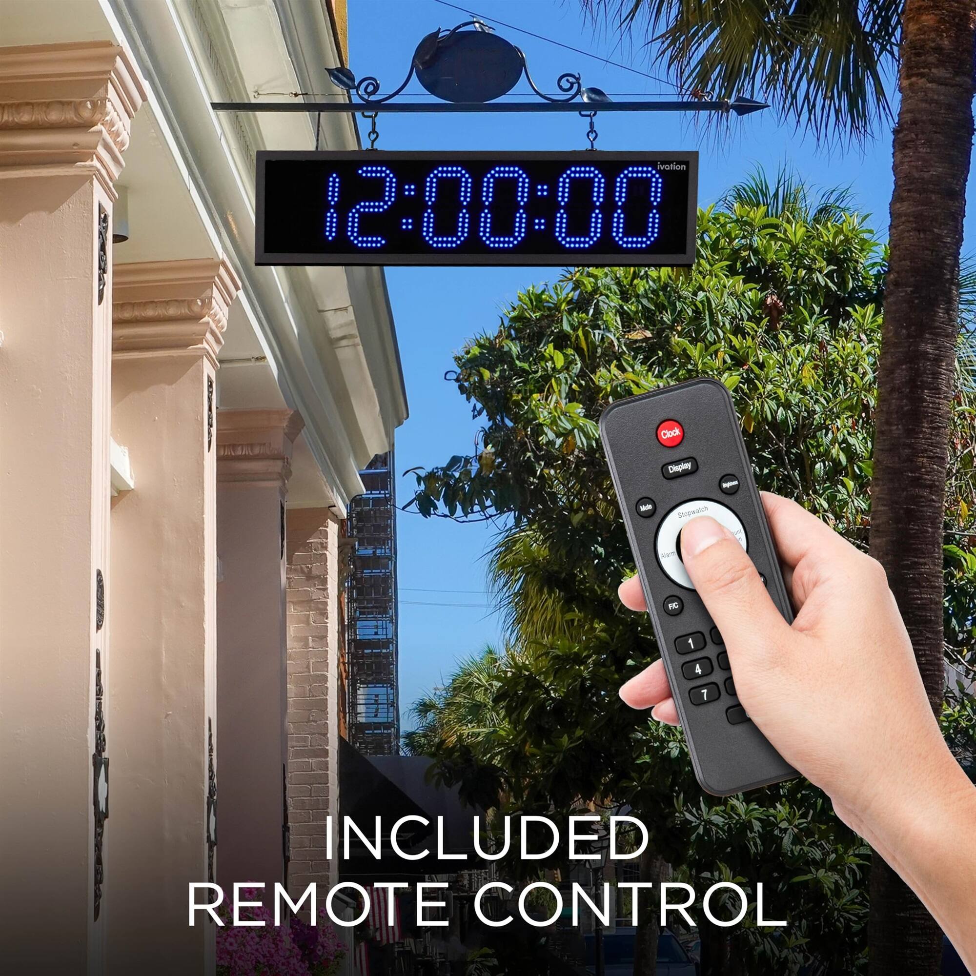 ivotion 12:00:00
Clock
Display - = Stopwatch
FIC
1
4
1
INCLUDED REMOTE CONTROL