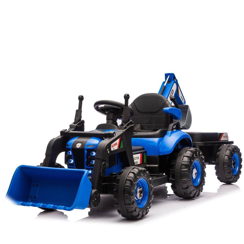 BreeBe - 24V Kids Ride-On Electric Tractor with 4-in-1 Attachments, Parent Remote, 3 Speeds, Music, LED Lights - Blue