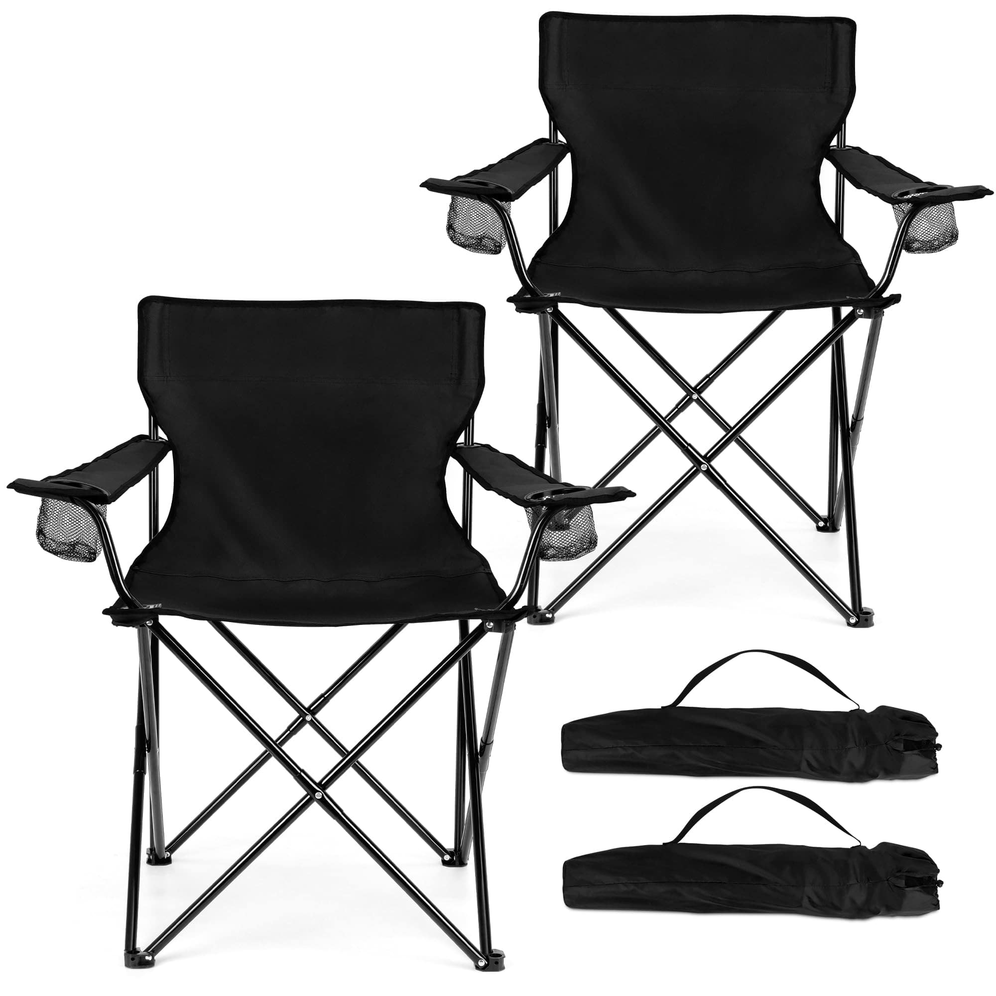 JETRANSPORT - Foldable Camping Chair Set Of 2 Folding Camp Chairs For Adults Large Portable Lawn Outdoors Fishing Hiking - Black 2