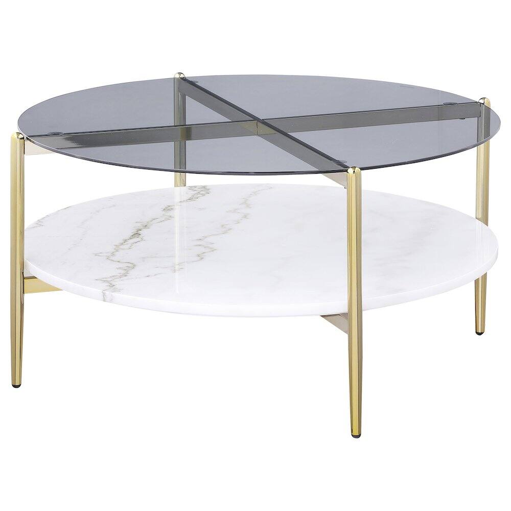 Alt View 4. Coaster Co. of America - Jonelle Round Glass Top Coffee Table White Marble Shelf Gold - Gray.