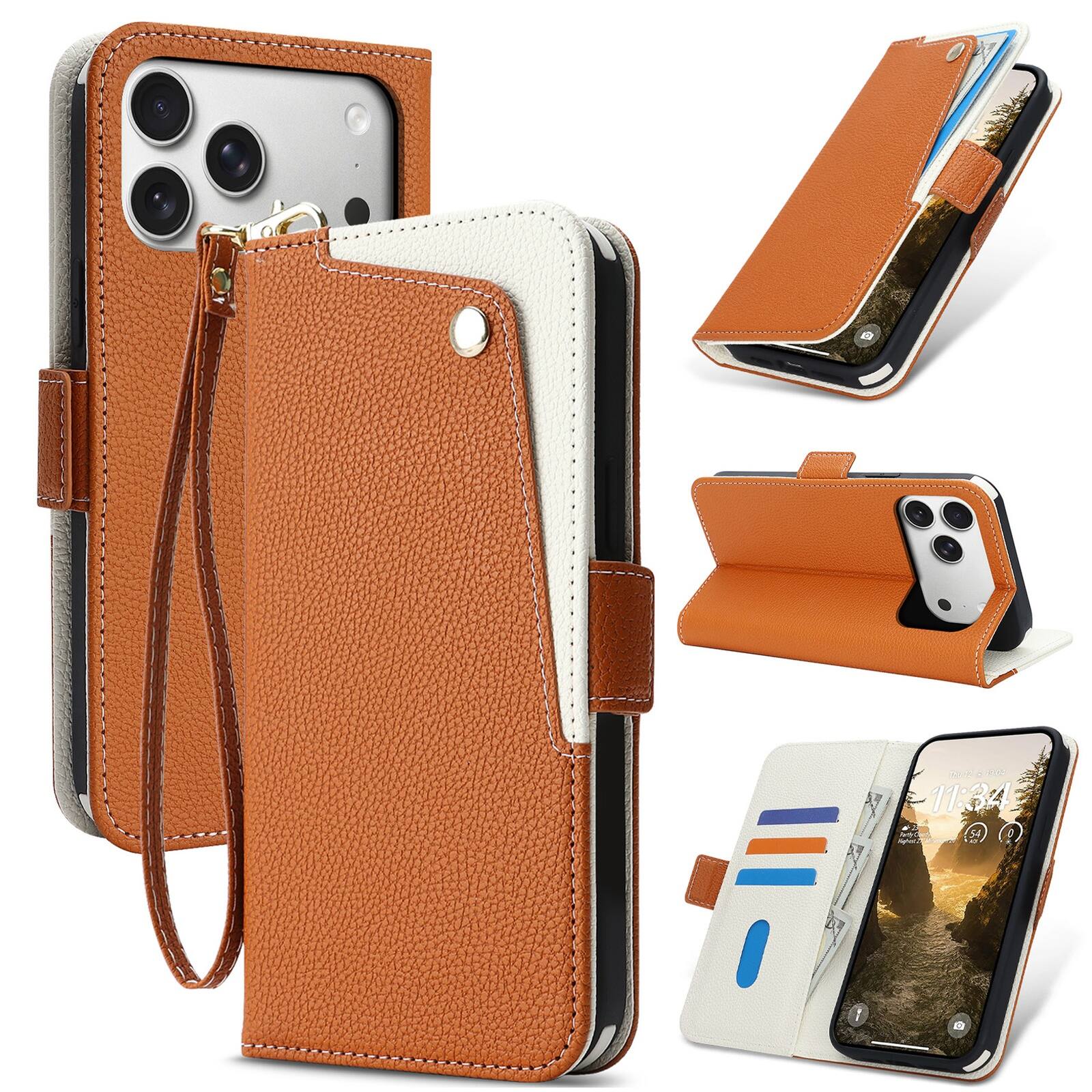 Dteck - Wallet Case for Apple iPhone 17 Pro Max,Slim PU Leather Flip Cover with Kickstand & Wrist Strap - Brown