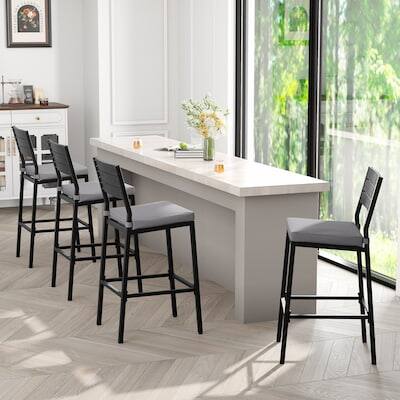 Alt View 4. Crestlive Products - Crestlive Products Set 2 Black Metal Frame Stationary Bar Stool Chair with Seat Cushion - Light Gray-2PC.