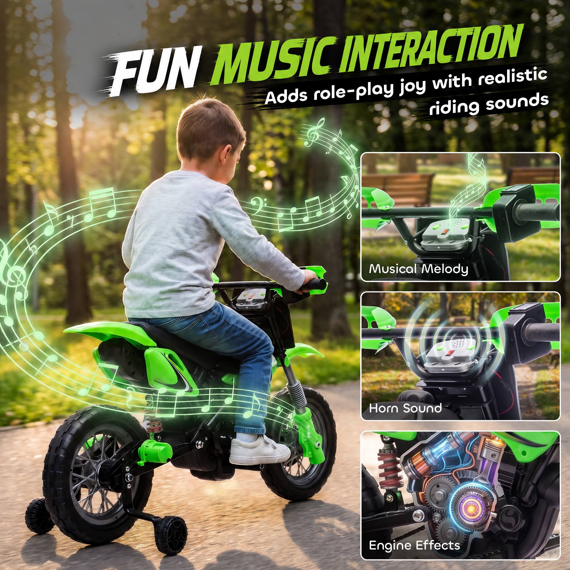 FUN MUSIC INTERACTION  
Adds role-play joy with realistic riding sounds

Musical Melody  
Horn Sound  
Engine Effects