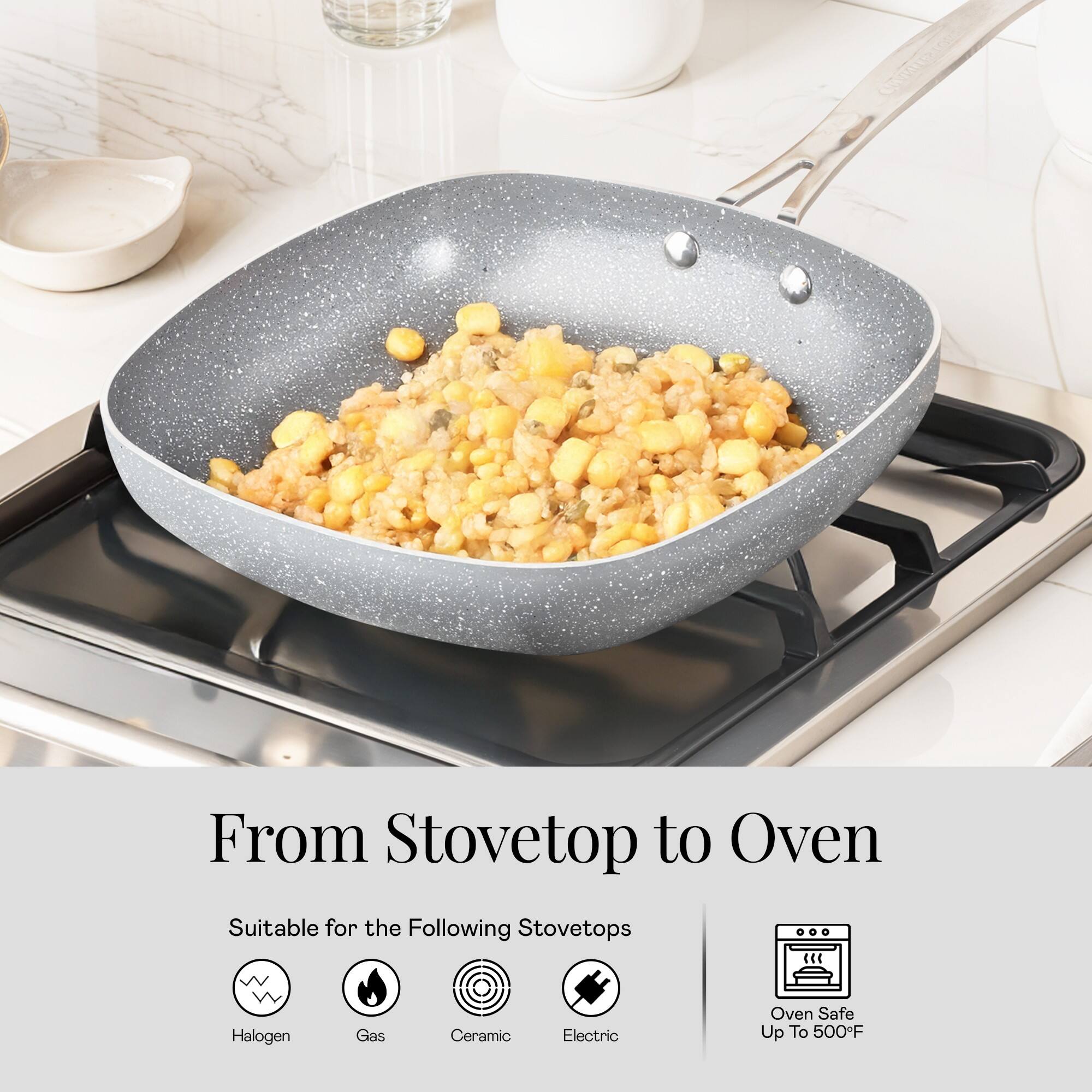 Chasos From Stovetop to Oven Suitable for the Following Stovetops: Halogen, Gas, Ceramic, Electric. Oven Safe Up To 500F.
