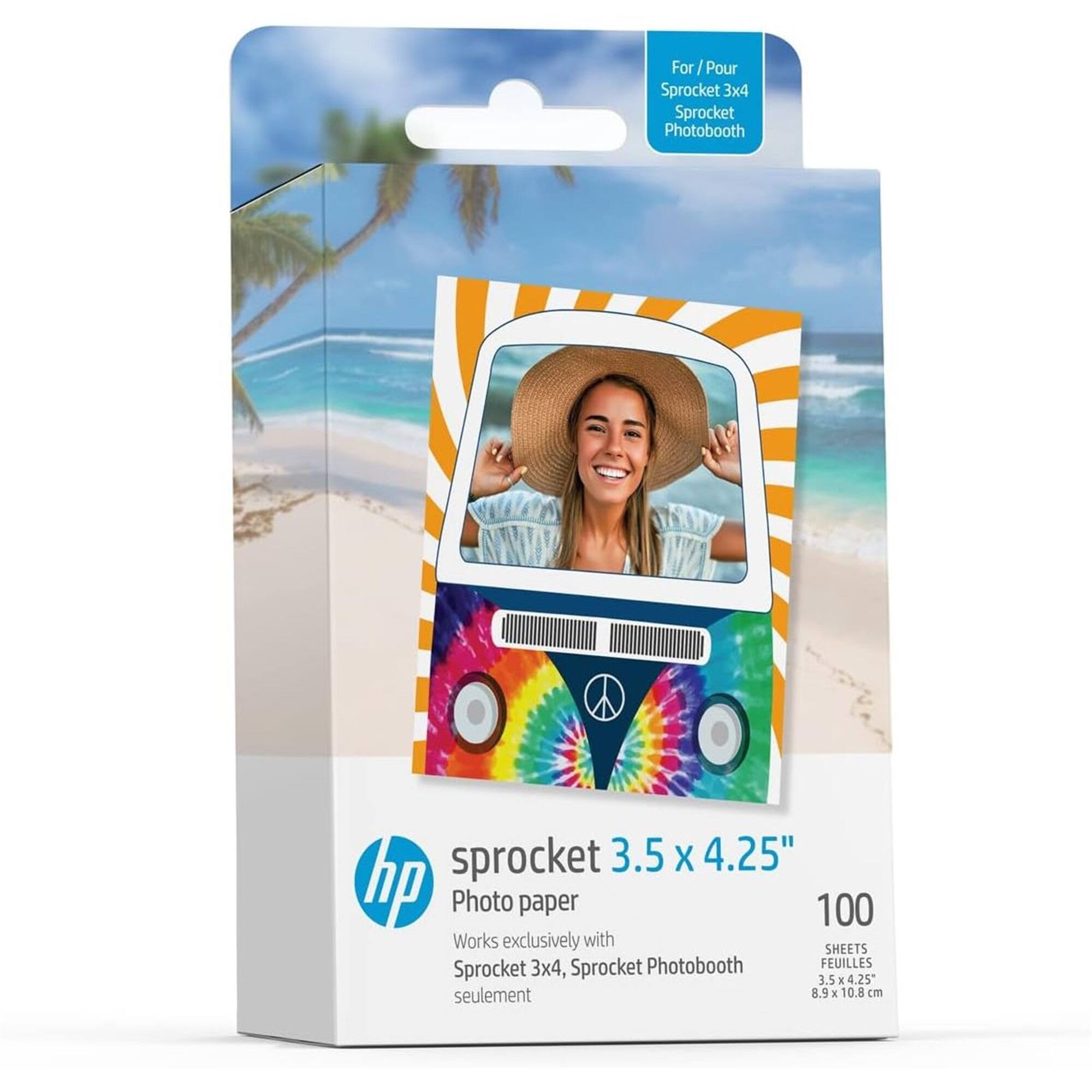 For / Pour Sprocket 3x4 Sprocket Photobooth  
sprocket 3.5 x 4.25"  
hp Photo paper 100  
Works exclusively with Sprocket 3x4, Sprocket 3.5 x 4.25"  
seulement 8.9 x 10.8 cm