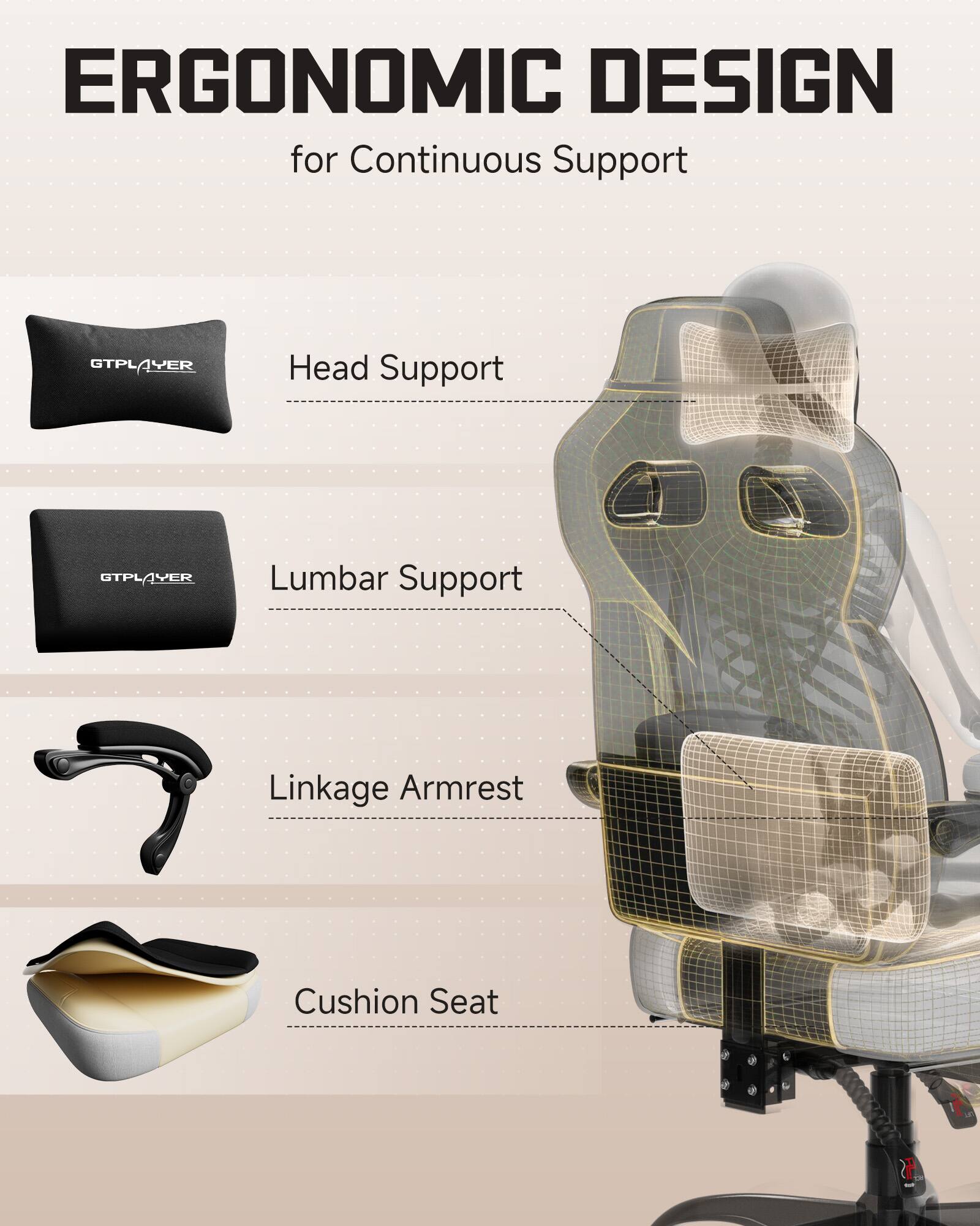 ERGONOMIC DESIGN for Continuous Support

- Head Support
- Lumbar Support
- Linkage Armrest
- Cushion Seat