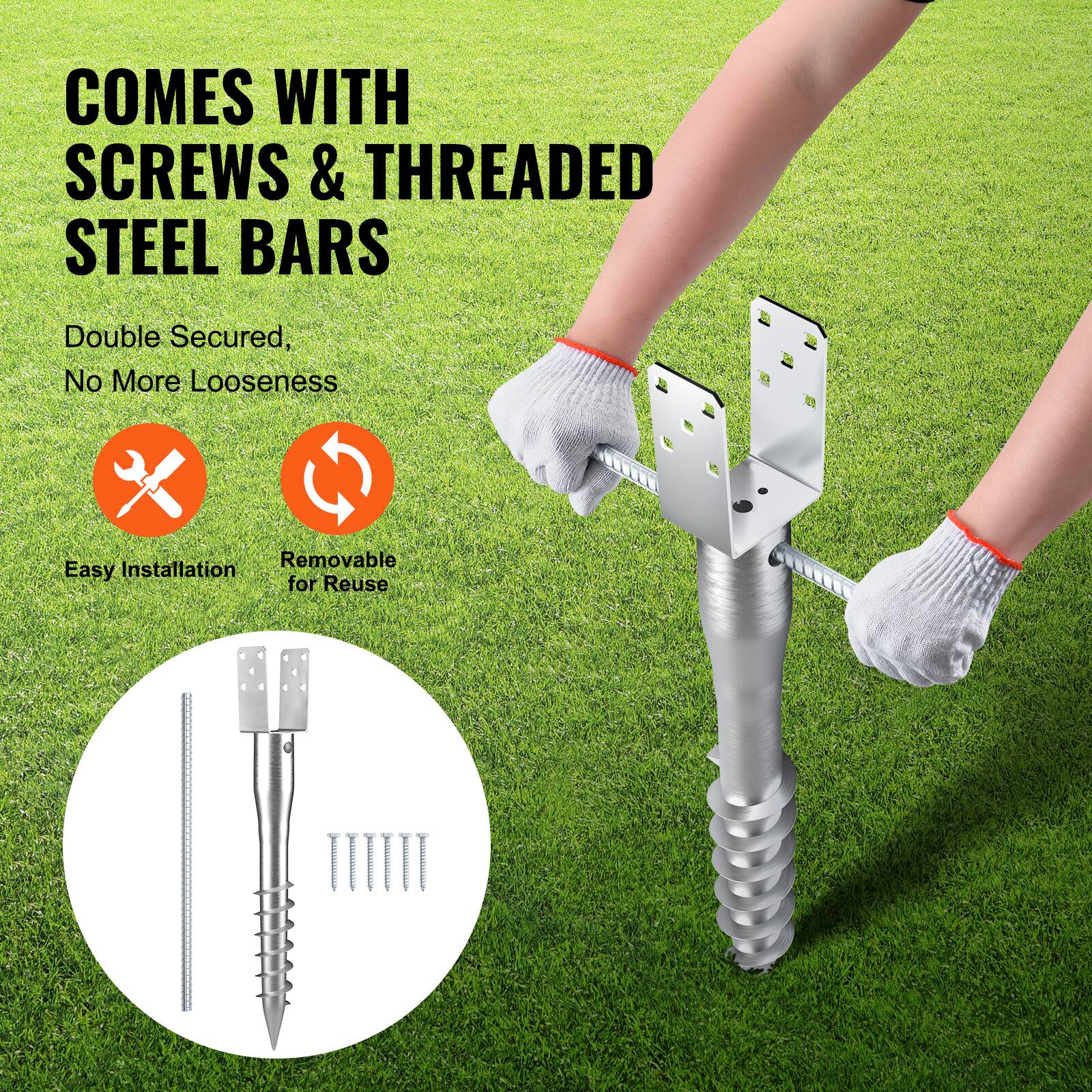 COMES WITH SCREWS & THREADED STEEL BARS

Double Secured, No More Looseness

Easy Installation

Removable for Reuse