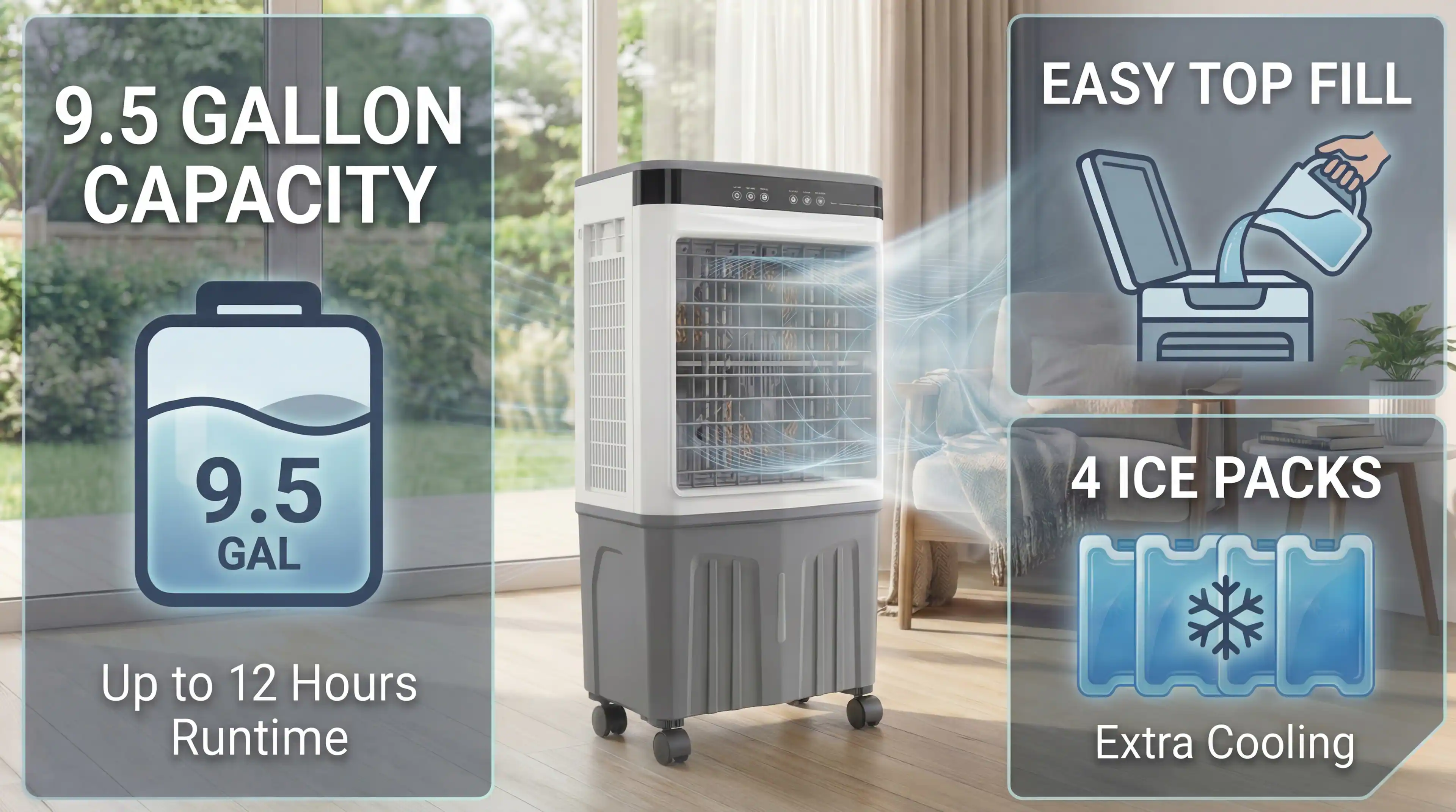 9.5 Gallon Capacity  
Up to 12 Hours Runtime  
Easy Top Fill  
4 Ice Packs  
Extra Cooling