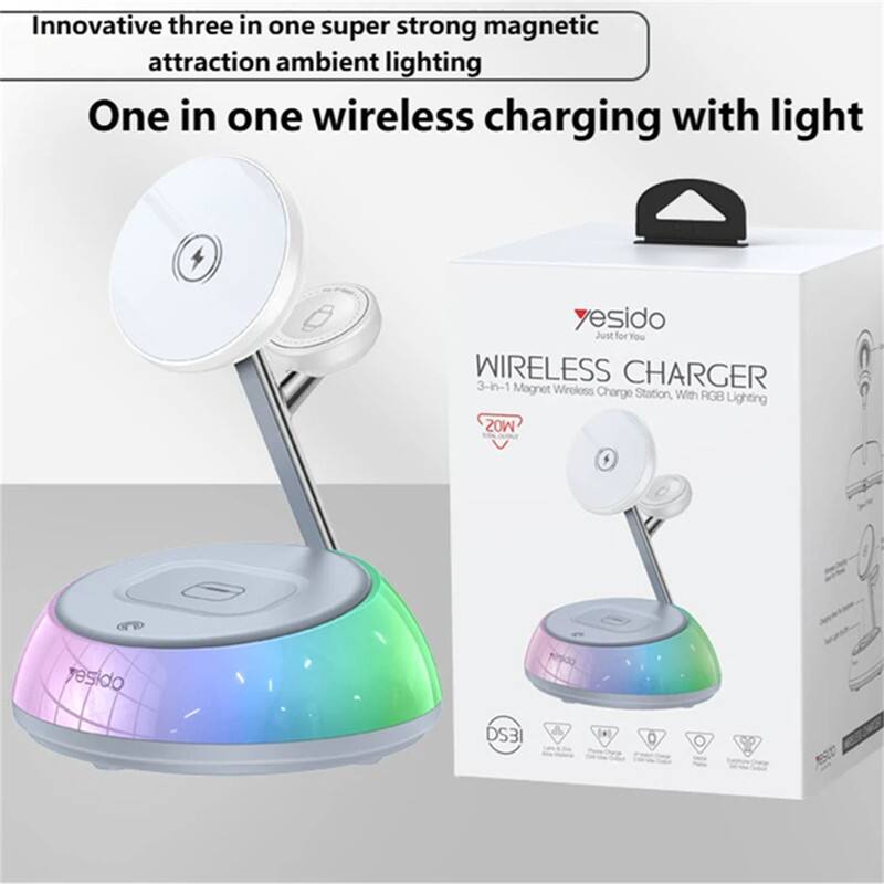 Innovative three in one super strong magnetic attraction ambient lighting  
One in one wireless charging with light  

Just for You  
WIRELESS CHARGER  
3-4-1 Magnet Wireless Charge Station, With RGB Lighting  

yesido  
DS3I