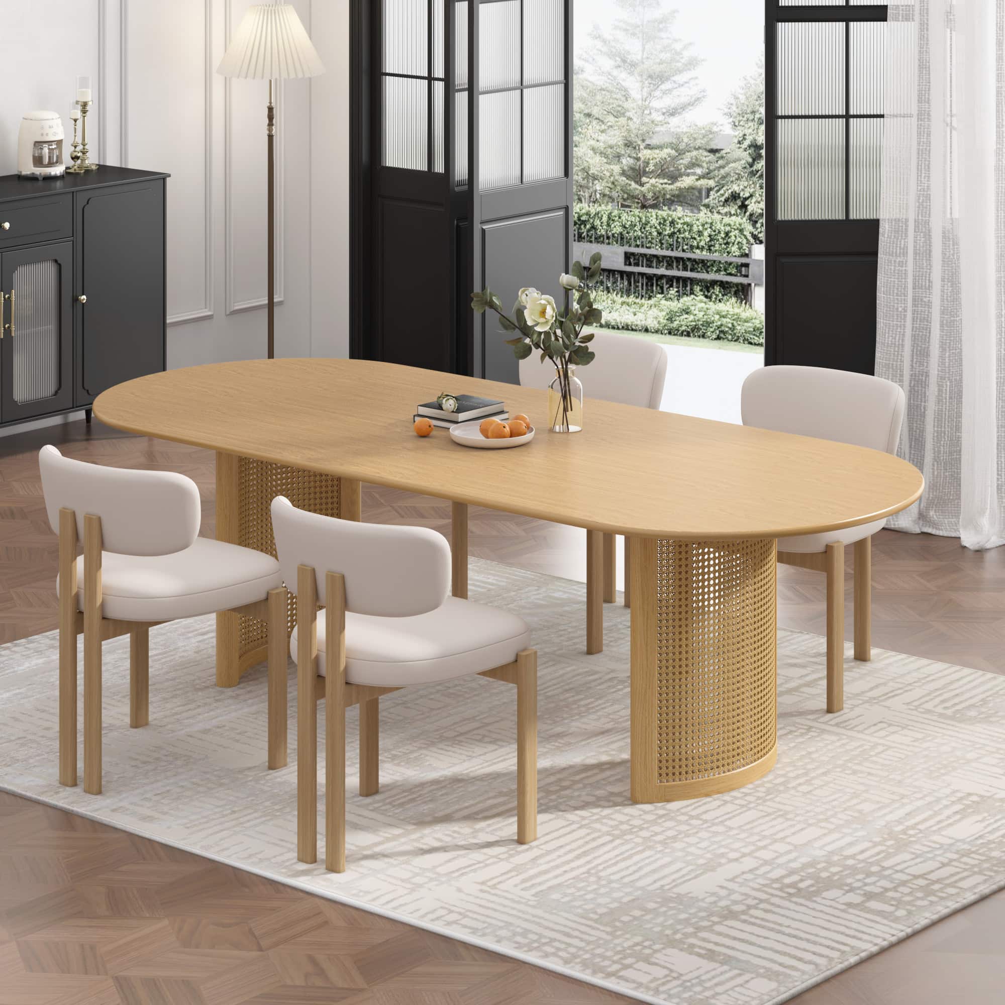 Lirago - 79" Solid Wood Oval Dining Table with Cane Weave Double Pedestal Large Kitchen Table Seats 6-8 or More for Dining Room - Natural