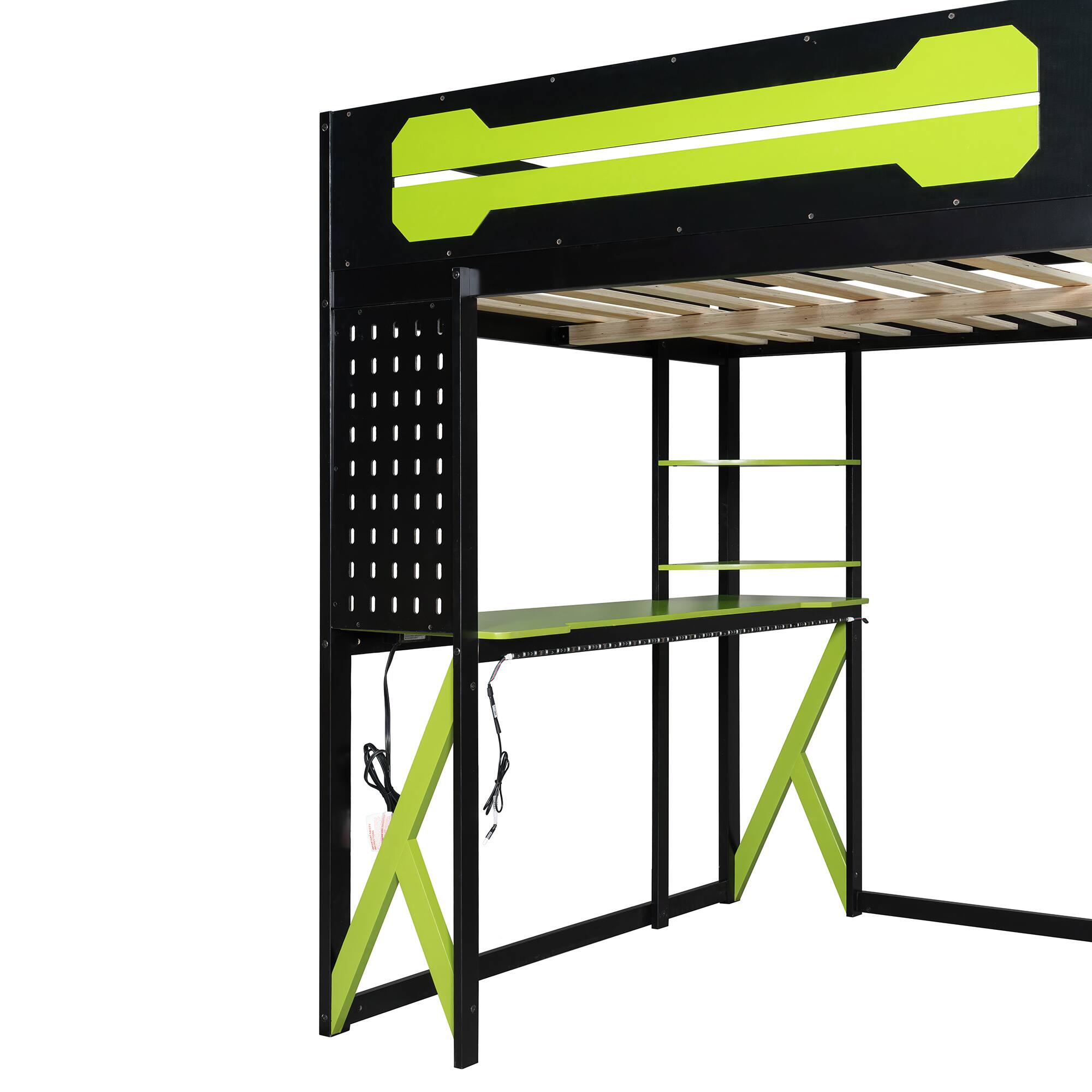 Alt View 2. Anysun - Full Size Wood Loft Bed with Desk, Shelves, Power Outlet & USB/Type-C Ports, , and RGB Light - Green.