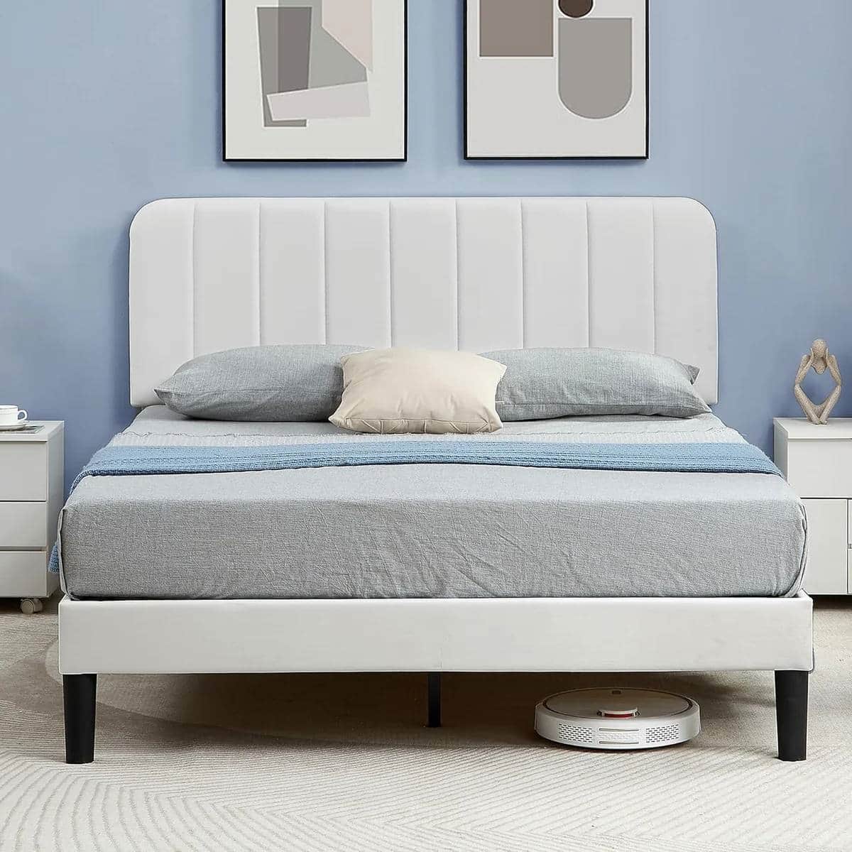 Hivvago - Queen size Upholstered Platform Bed Frame with Headboard - White