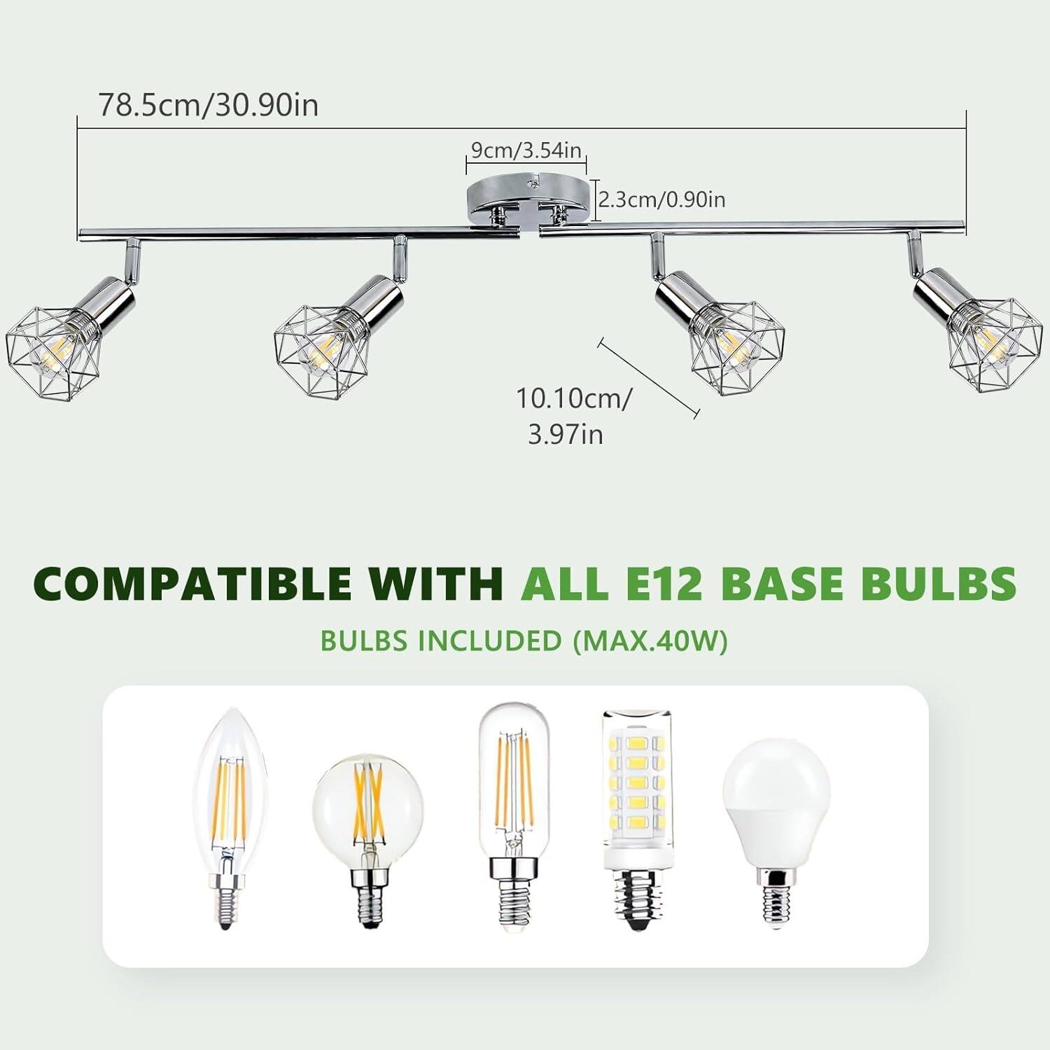 78.5cm/30.90in  
9cm/3.54in  
2.3cm/0.90in  
10.10cm/3.97in  

COMPATIBLE WITH ALL E12 BASE BULBS  
BULBS INCLUDED (MAX.40W)