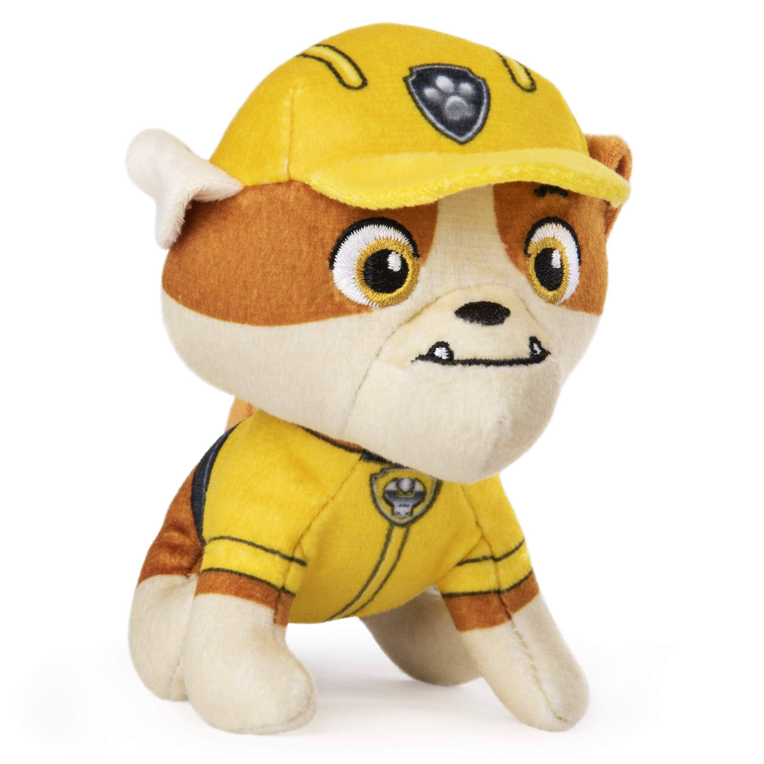 Angle. Paw Patrol - PAW Patrol Mini Plush Rubble, 5-Inch Stuffed Construction Dog Toy with Hard Hat & Vest, Ages 3+ - Multicolour.