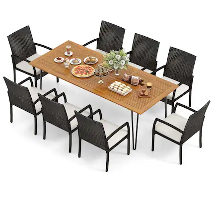 Front. Costway - 9 PCS Outdoor Patio Dining Set Armchairs Set of 8 and Acacia Wood Square Table - Mix Brown,Off White.