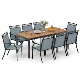 Gymax - 9PCS Patio Dining Set for 8 w/Quick-Drying Fabric Sturdy Acacia Wood for Garden - Black